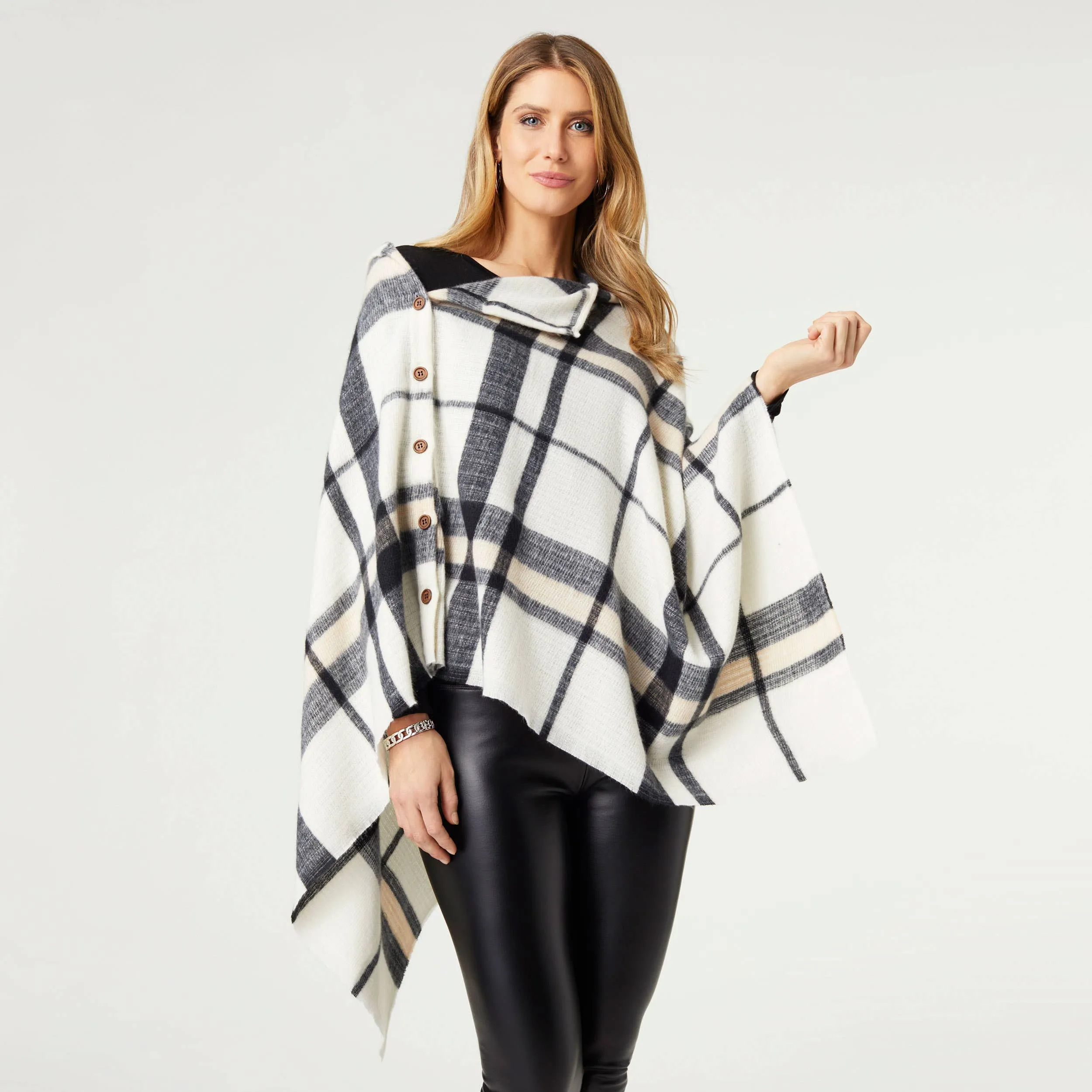 Adela Supersoft Plaid Poncho with Buttons: Cream/Black / One Size