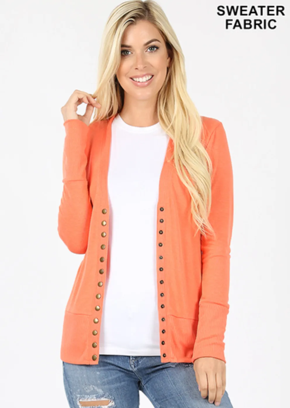 Beautifully Basic Long Sleeve Snap Cardigan - Deep Coral