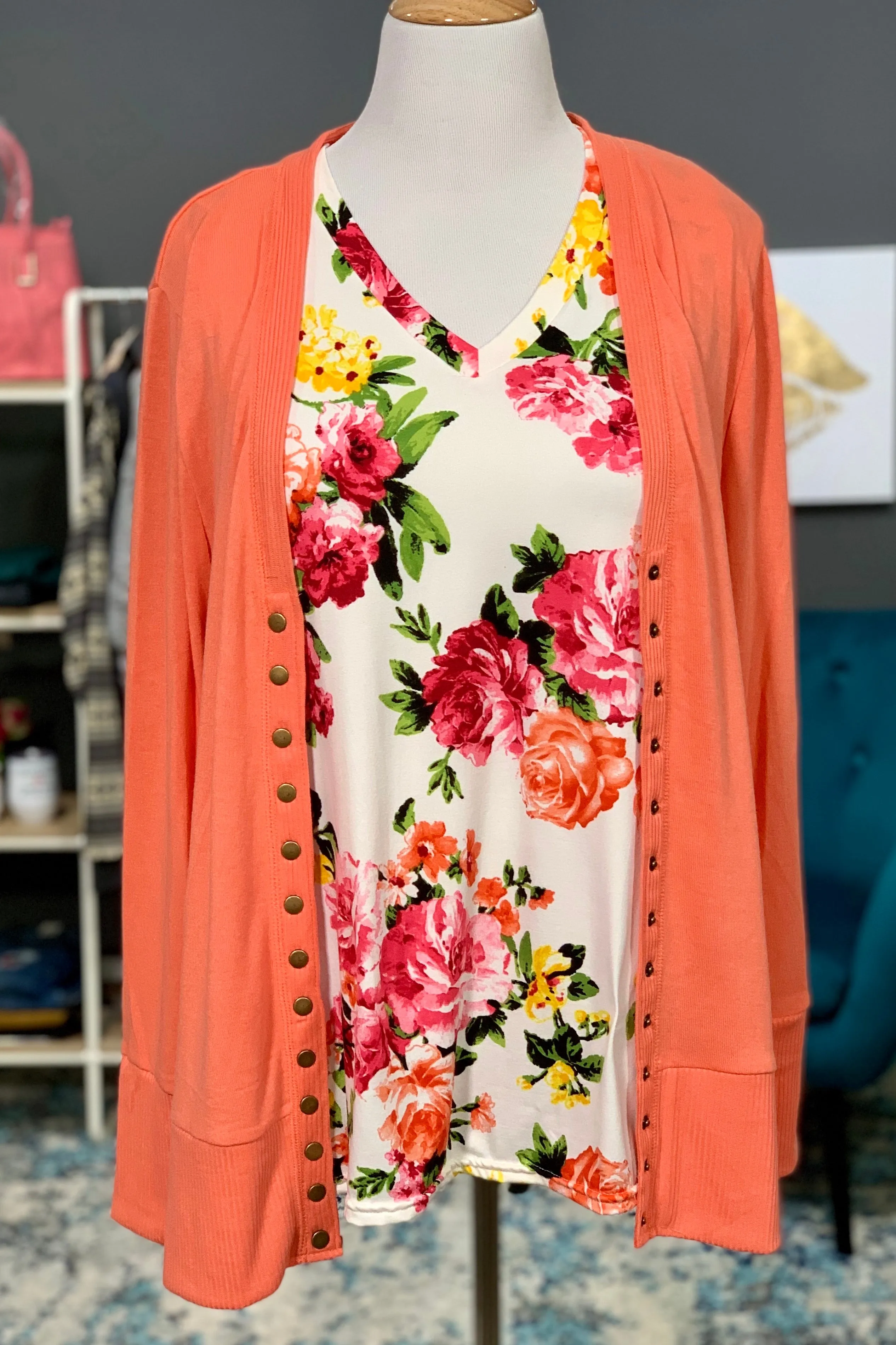 Beautifully Basic Long Sleeve Snap Cardigan - Deep Coral
