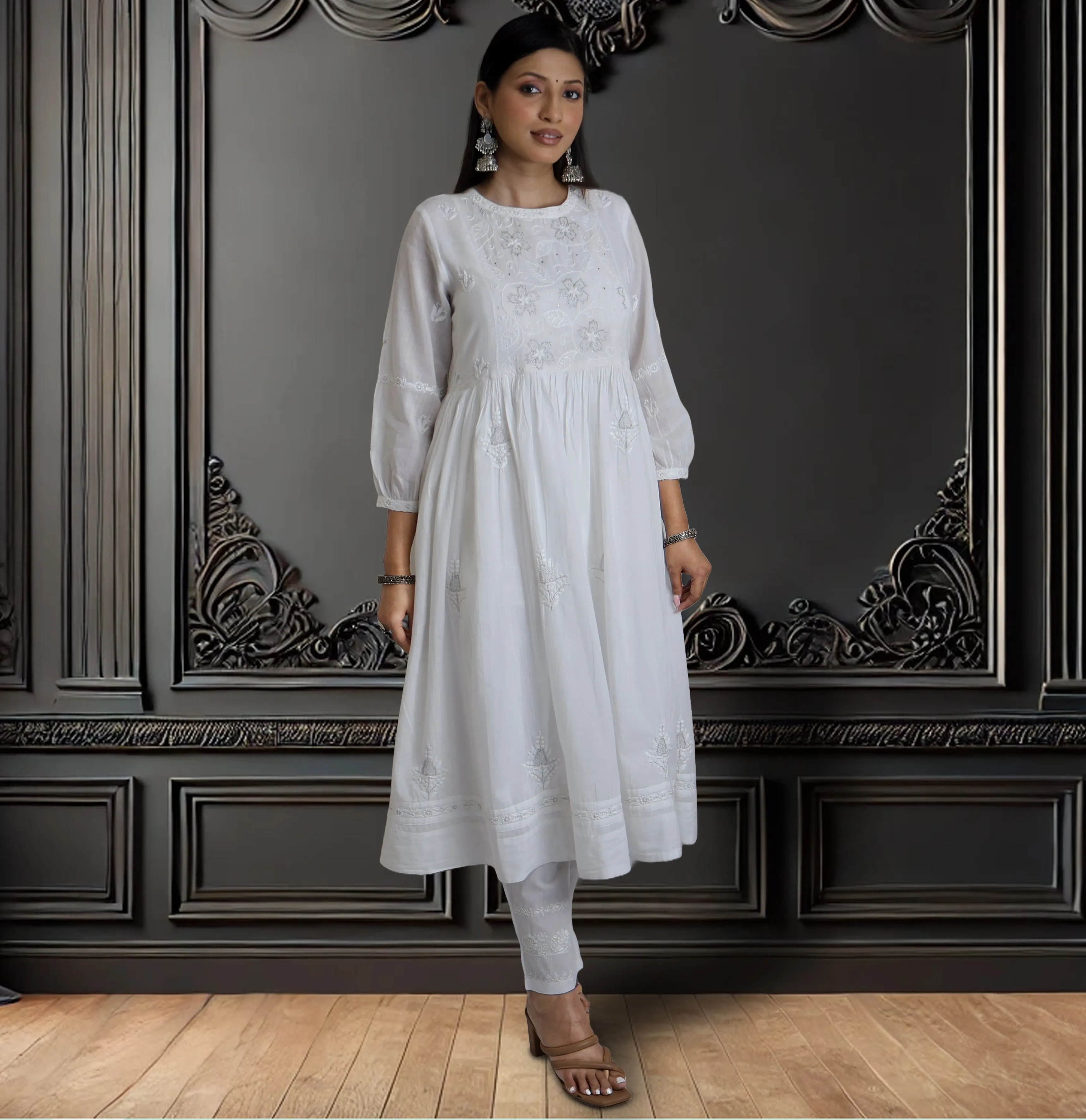 BHAVYA Cotton Hand Embroidered Long Dress, Kurta