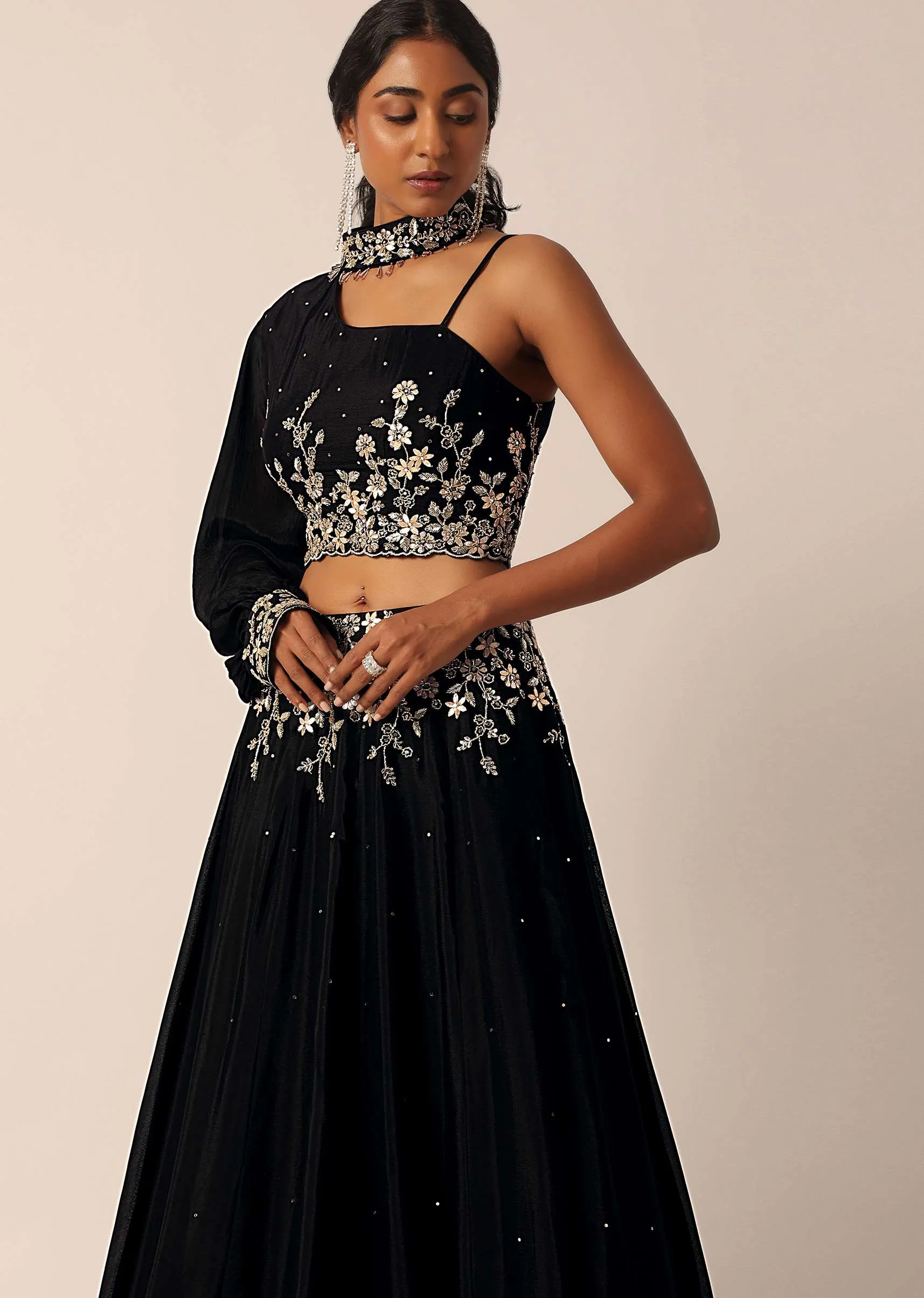Black Single Sleeve Blouse And Embroidered Lehenga Set