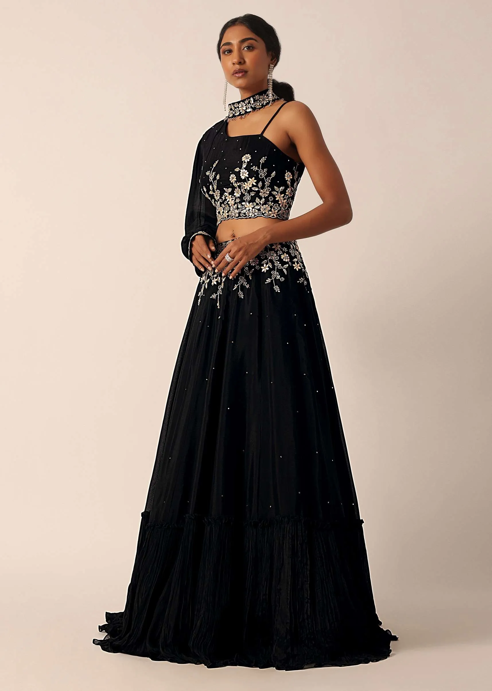 Black Single Sleeve Blouse And Embroidered Lehenga Set