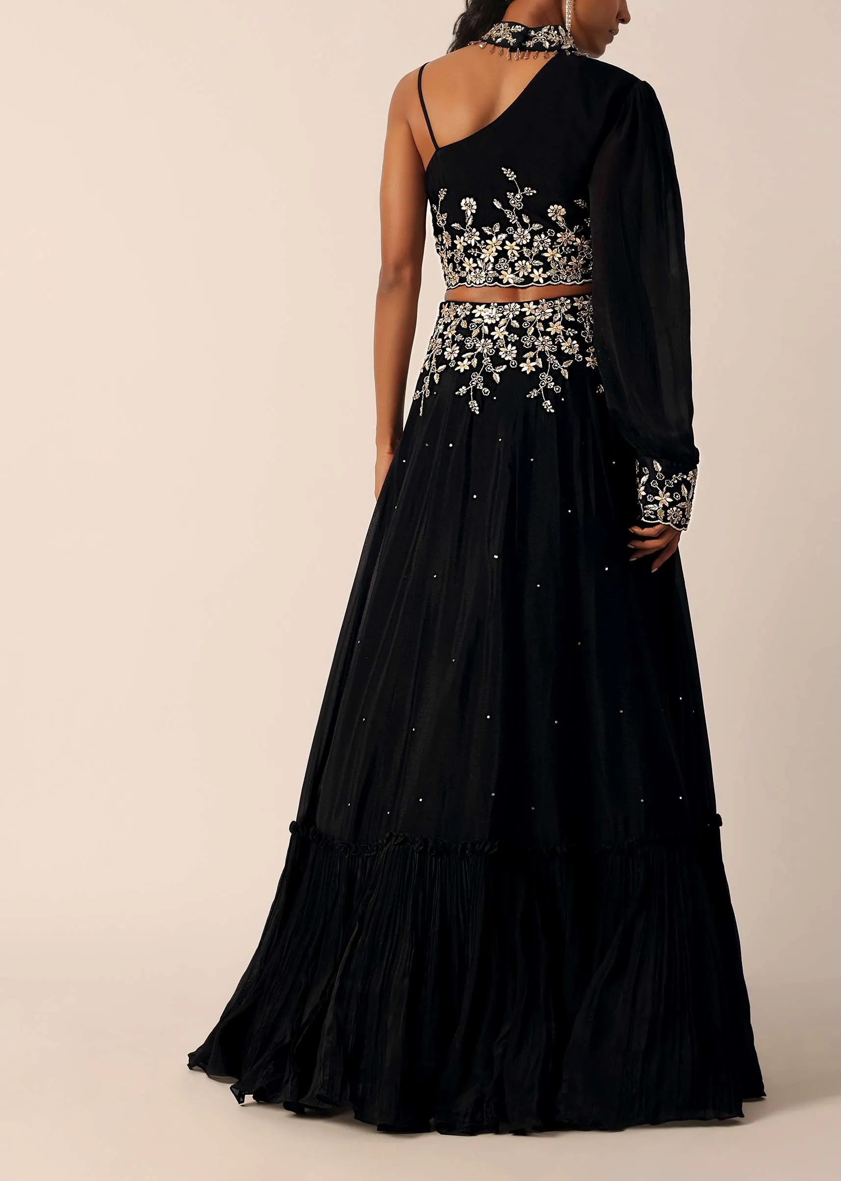 Black Single Sleeve Blouse And Embroidered Lehenga Set