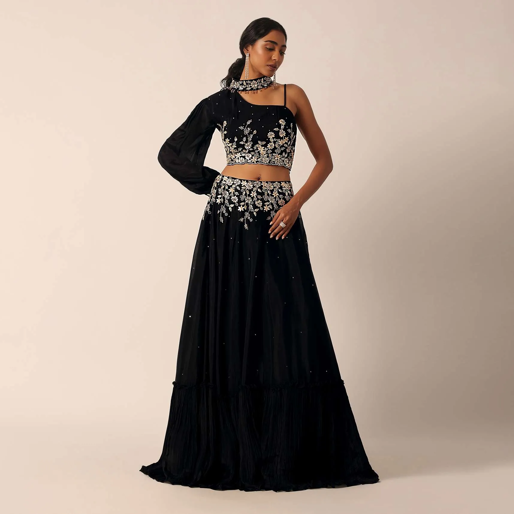 Black Single Sleeve Blouse And Embroidered Lehenga Set
