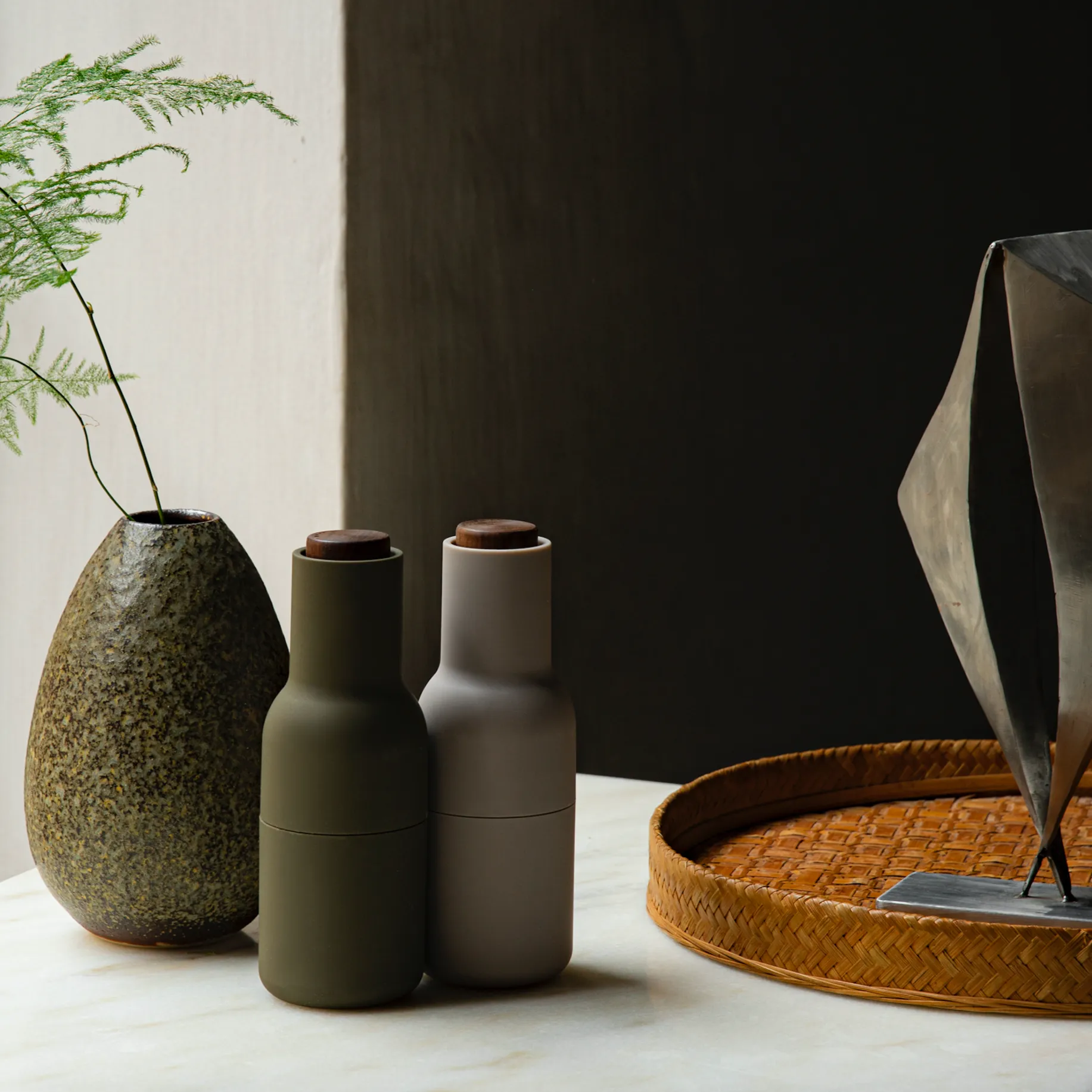Bottle Grinder Set - Hunting Green/Beige with Walnut Lid by Audo Copenhagen