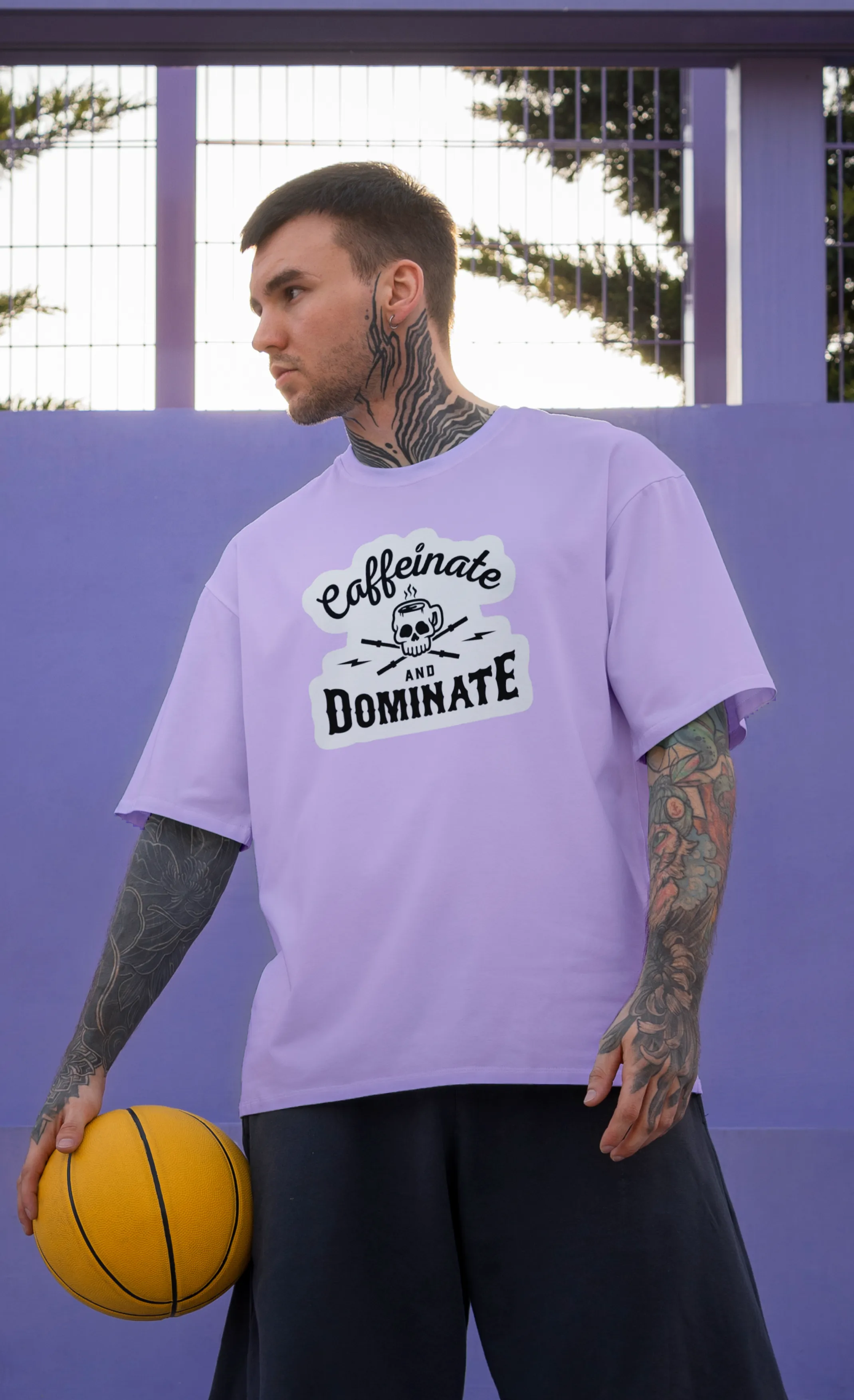 Caffeinate And Dominate - Levender - Gym Oversized T Shirt