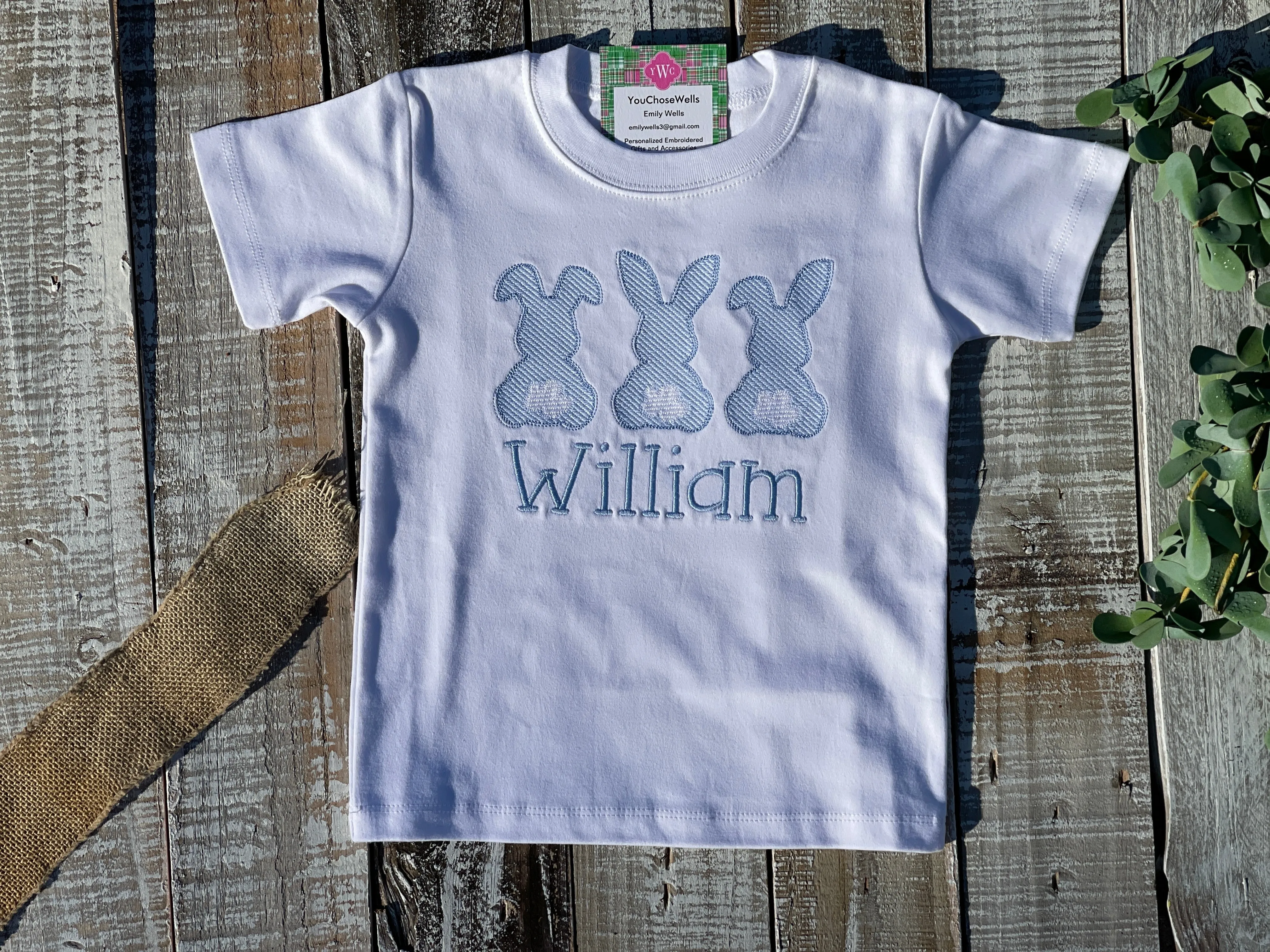 Custom Embroidered, Monogrammed, Personalized Bunny Trio Sketch Shirt and Blue Seersucker Gingham Short Set