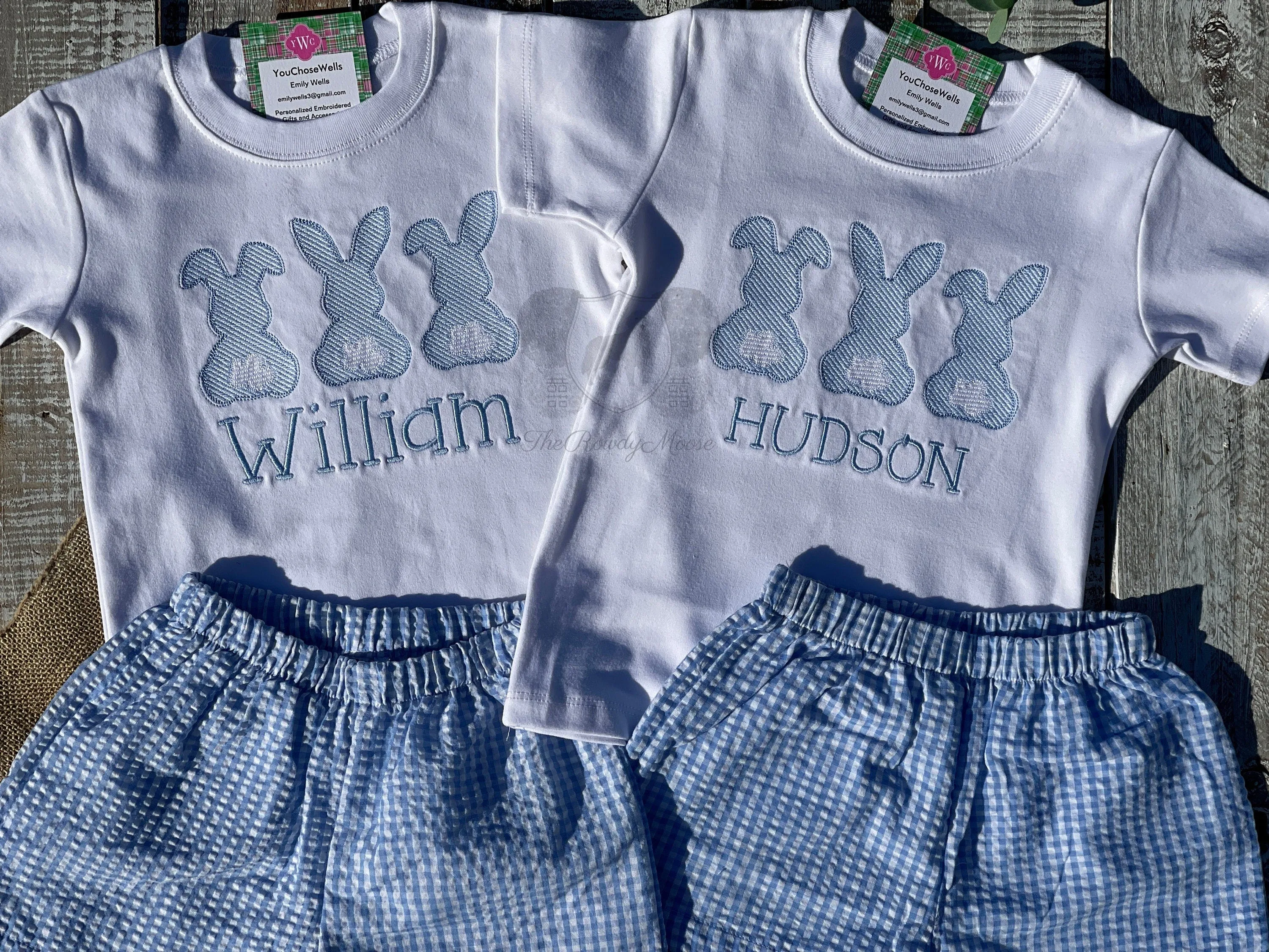 Custom Embroidered, Monogrammed, Personalized Bunny Trio Sketch Shirt and Blue Seersucker Gingham Short Set