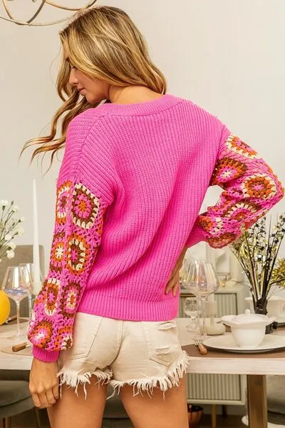 Explore More Collection - BiBi V-Neck Crochet Long Sleeve Sweater