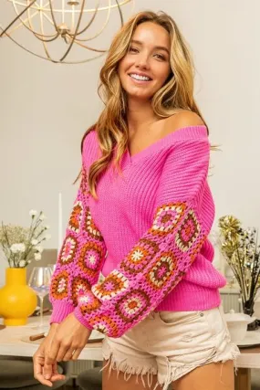 Explore More Collection - BiBi V-Neck Crochet Long Sleeve Sweater