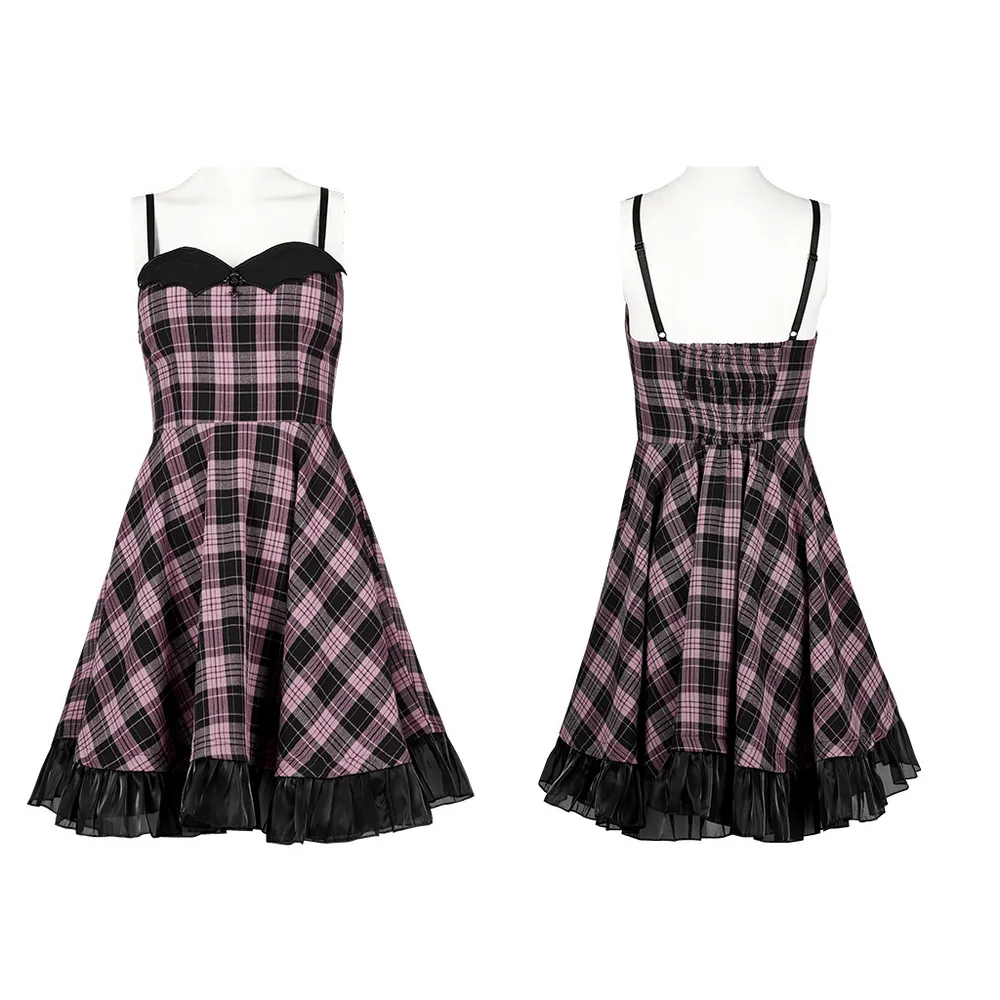Gothic Bat Embroidered Plaid A-Line Slip Dress