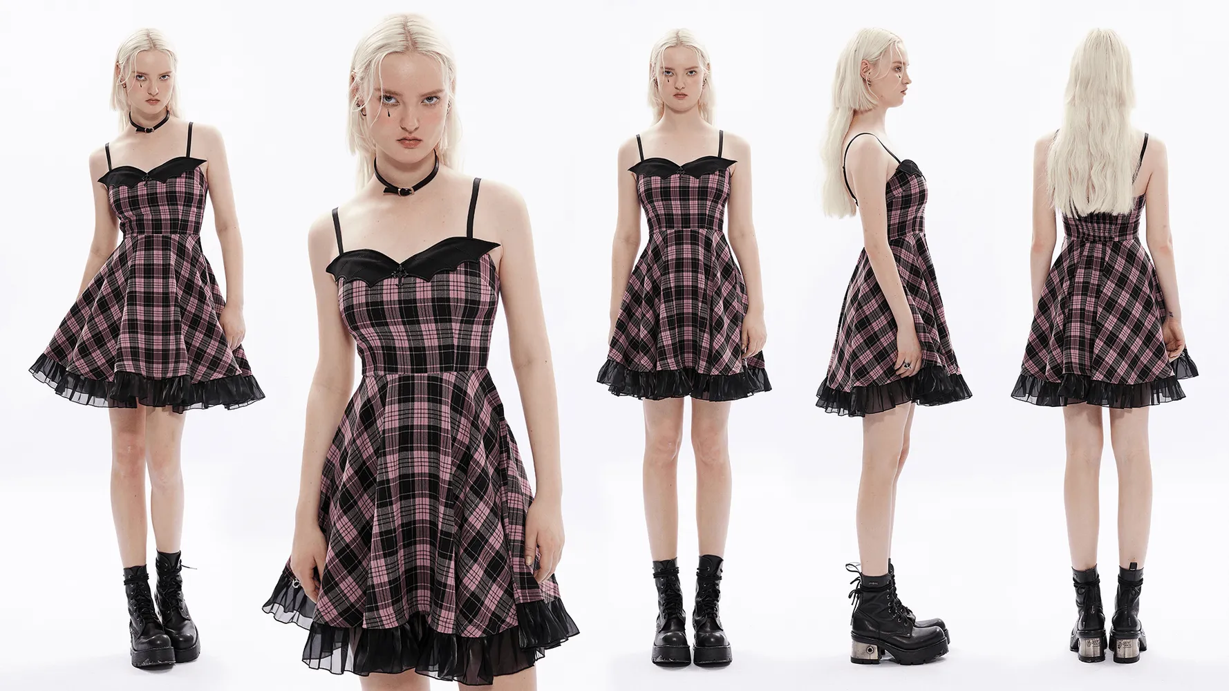 Gothic Bat Embroidered Plaid A-Line Slip Dress