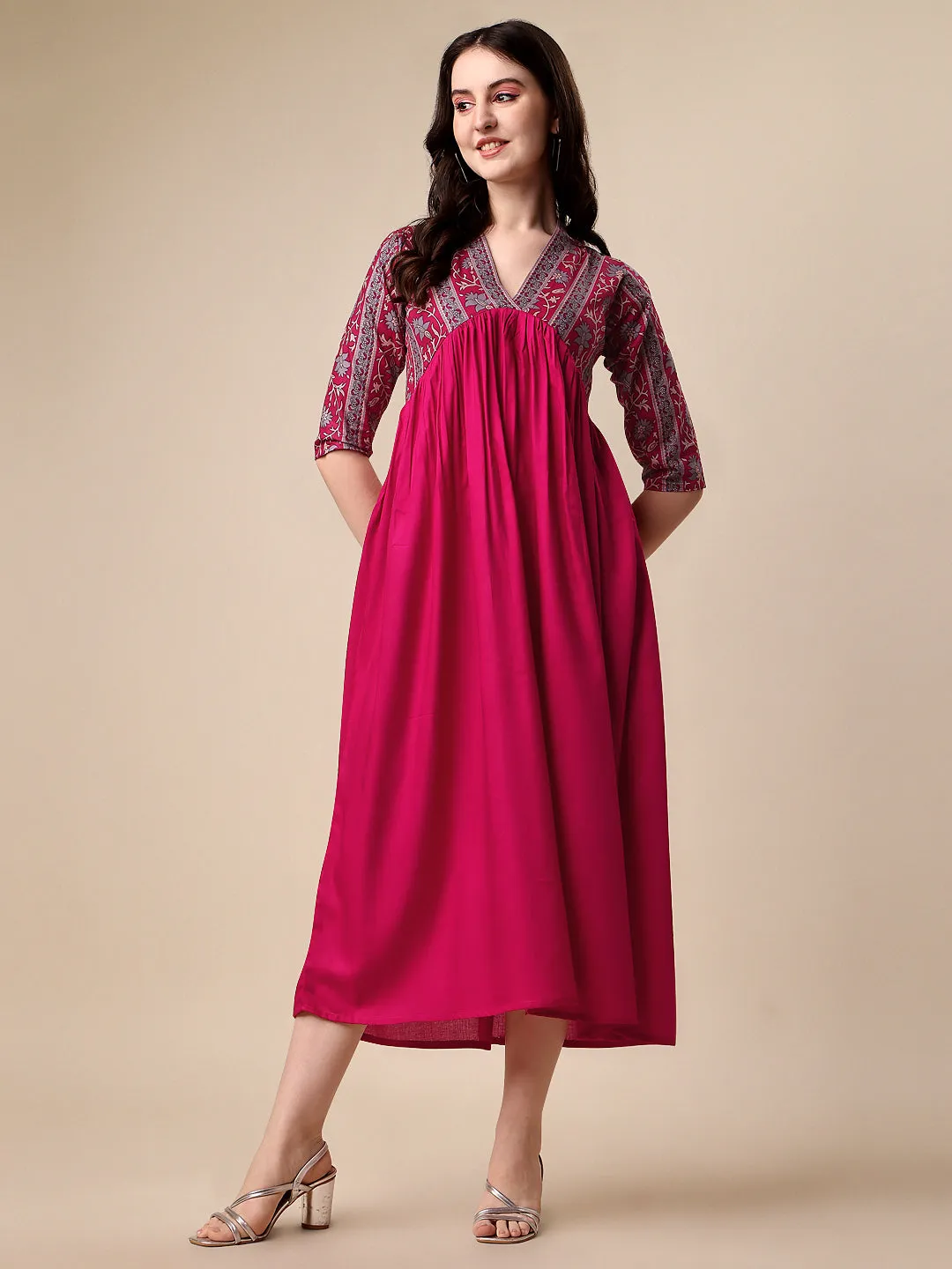 Graceful Pink & Grey Floral A-Line Midi Dress