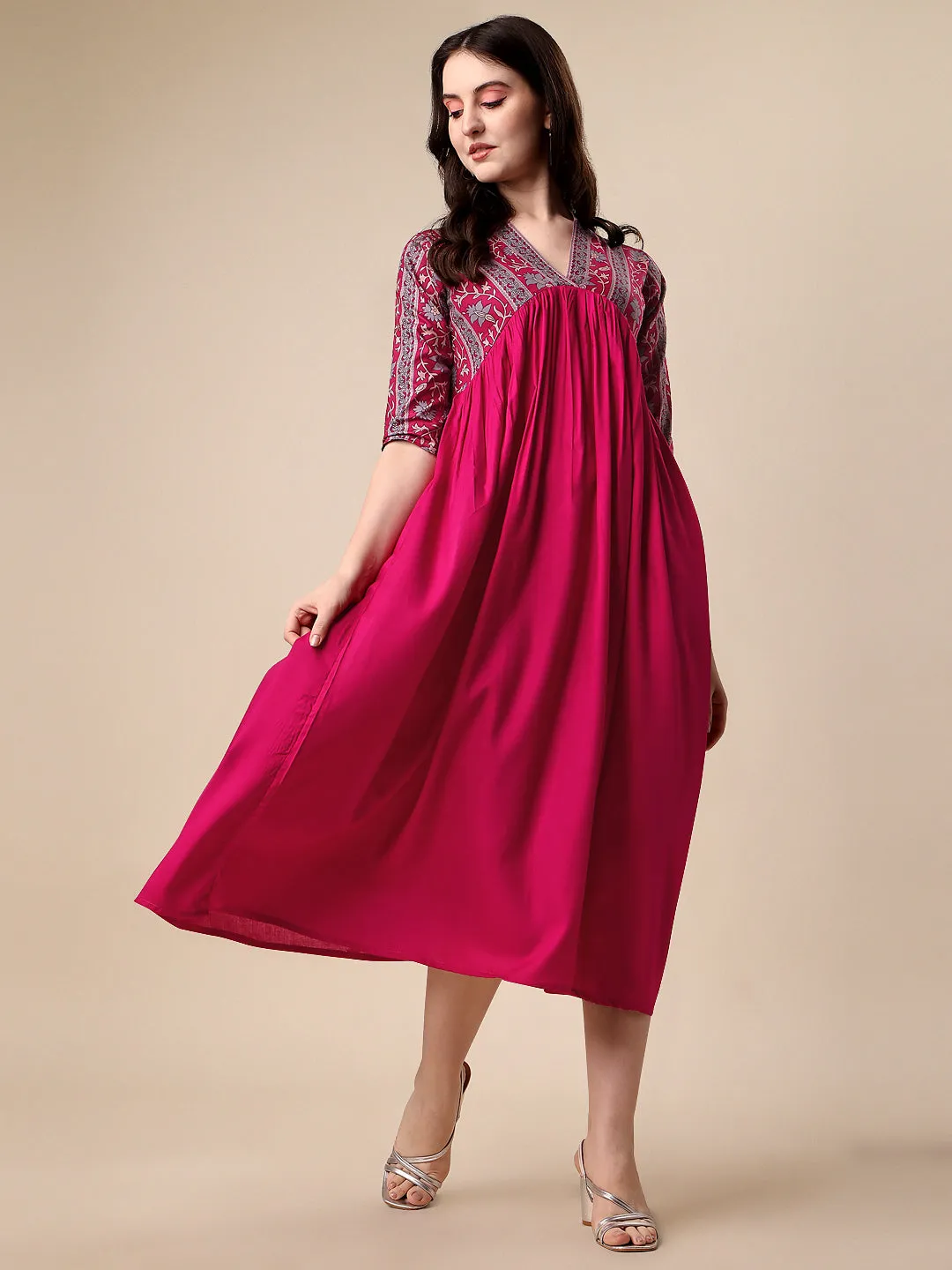 Graceful Pink & Grey Floral A-Line Midi Dress