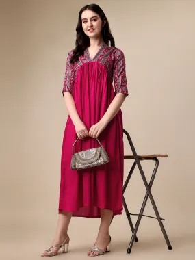 Graceful Pink & Grey Floral A-Line Midi Dress