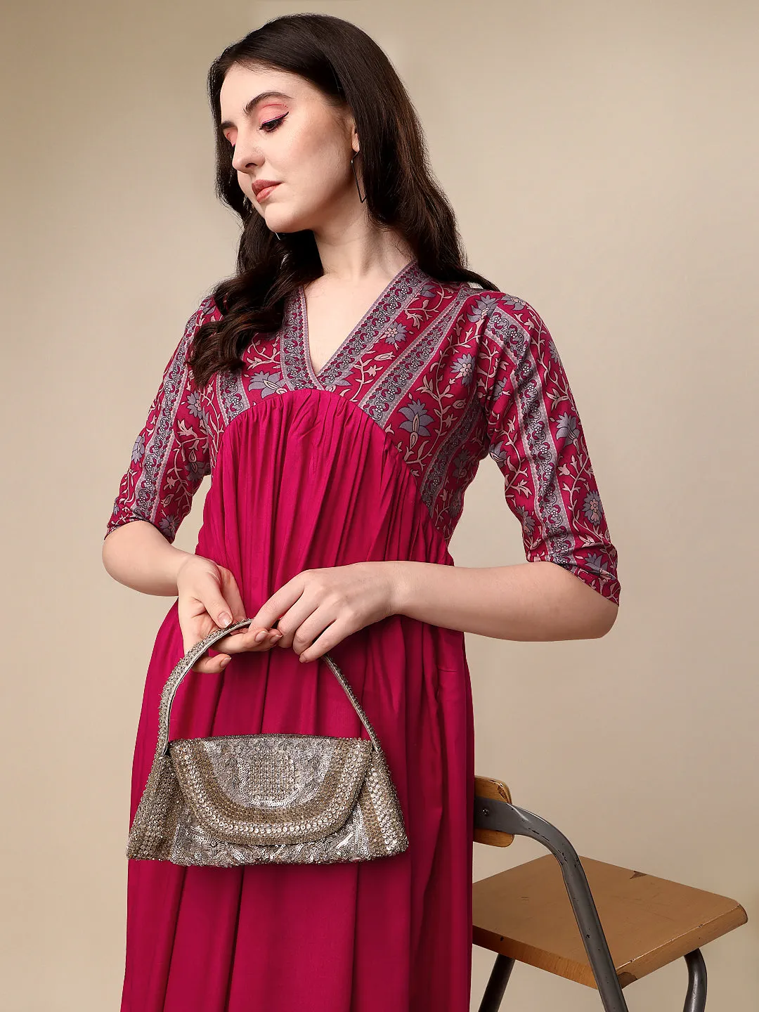 Graceful Pink & Grey Floral A-Line Midi Dress