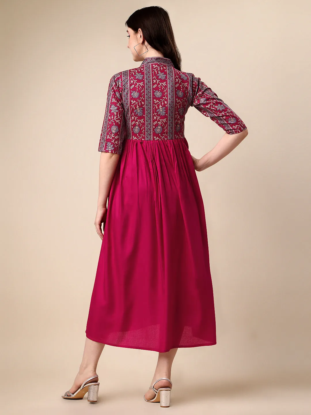 Graceful Pink & Grey Floral A-Line Midi Dress