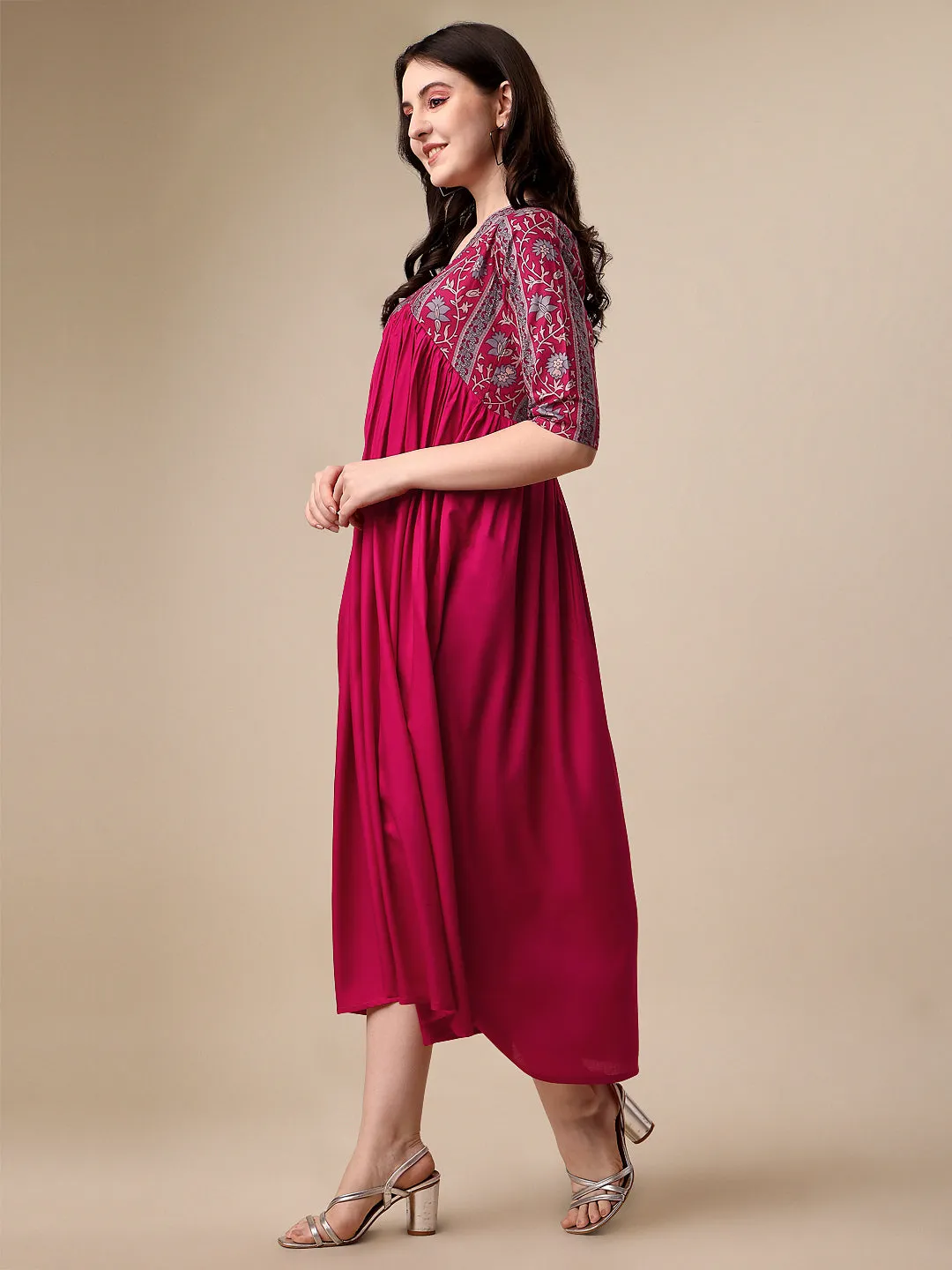 Graceful Pink & Grey Floral A-Line Midi Dress
