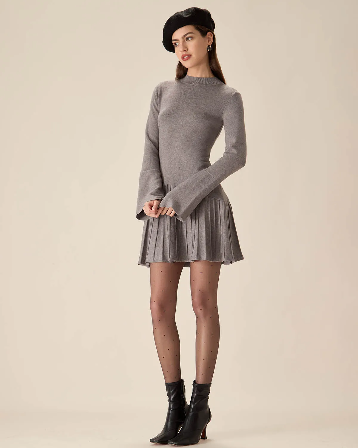 Grey Mock Neck Bell Sleeve Sweater Dress