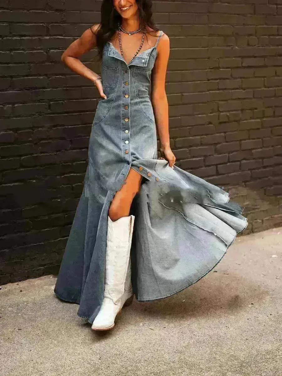 Ins Women's Summer Vintage Denim Large Swing Dress Denim Dress outfit