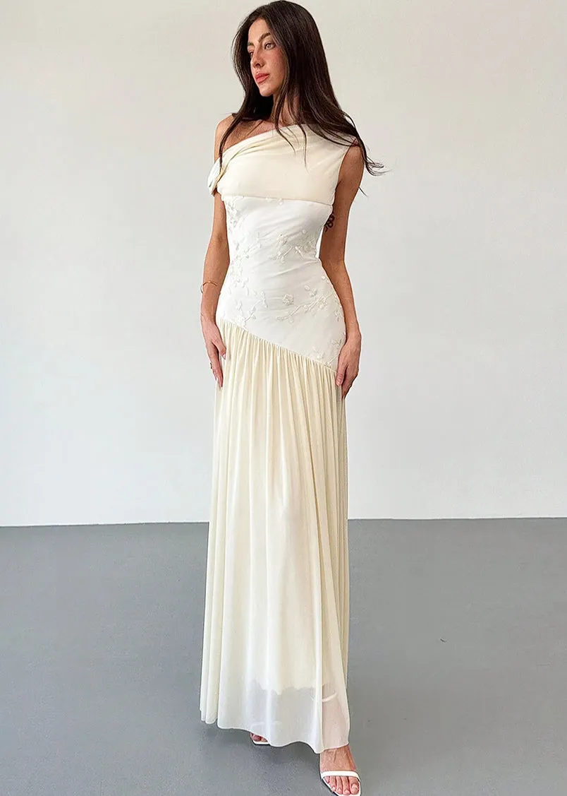 Isabella Off the Shoulder Mesh Floral Embroidered Maxi Dress
