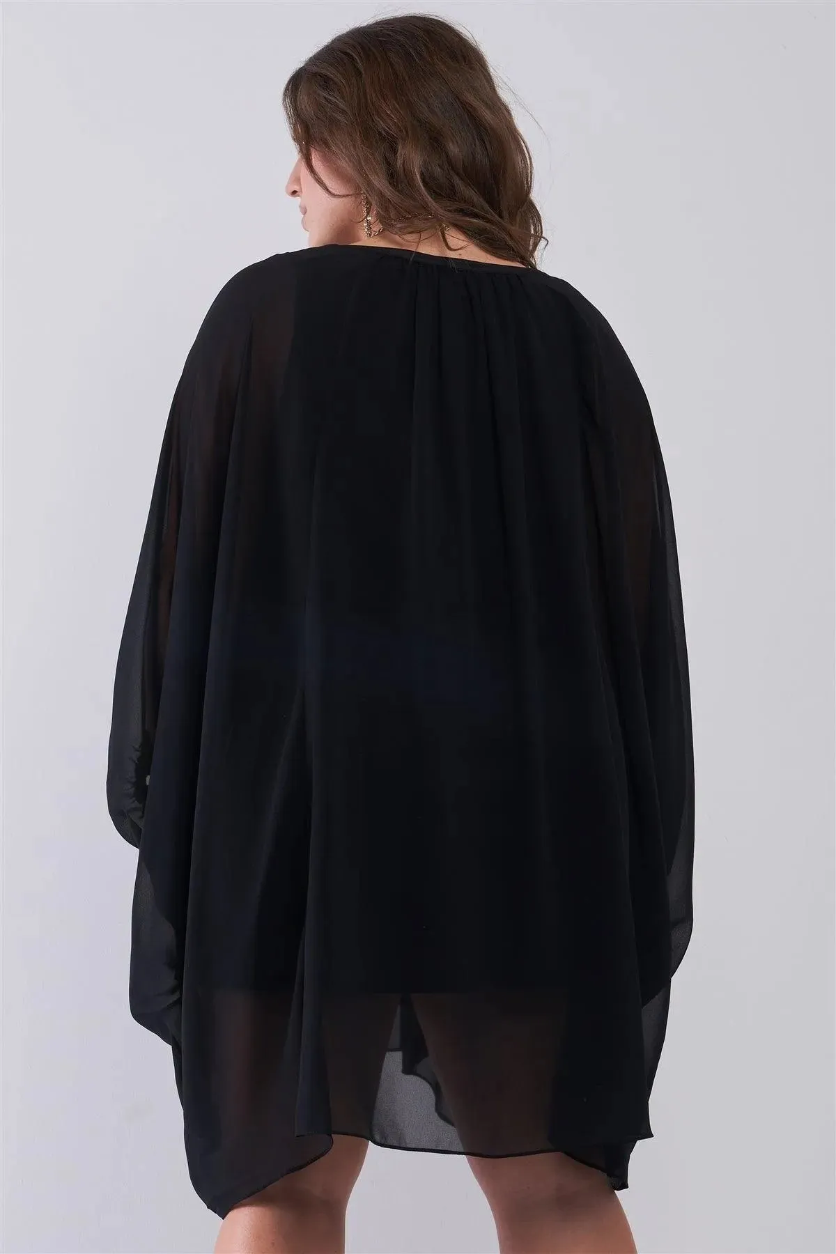 Junior Plus Black Poncho V-Neck Gathered Front Long Sleeve With Elasticated Cuff Mini Dress /2-2-2