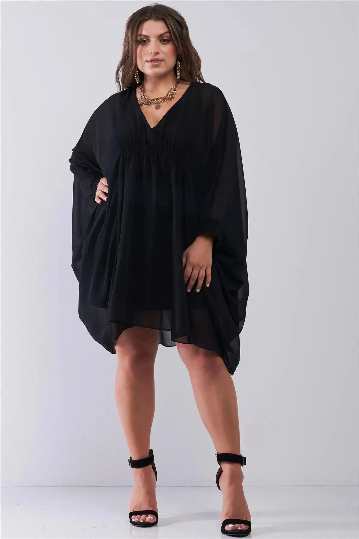 Junior Plus Black Poncho V-Neck Gathered Front Long Sleeve With Elasticated Cuff Mini Dress /2-2-2