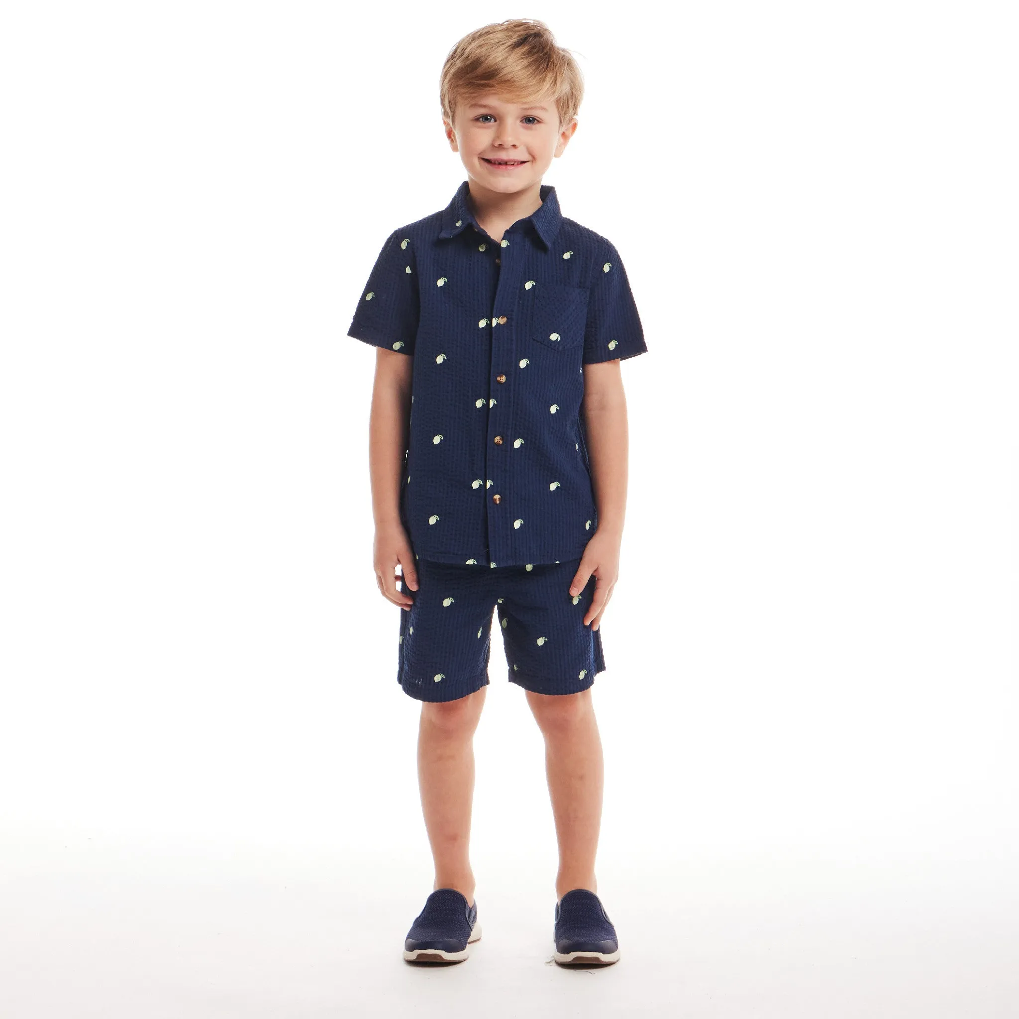 Kids (2-7) Seersucker Buttondown & Short Set | Navy Lime