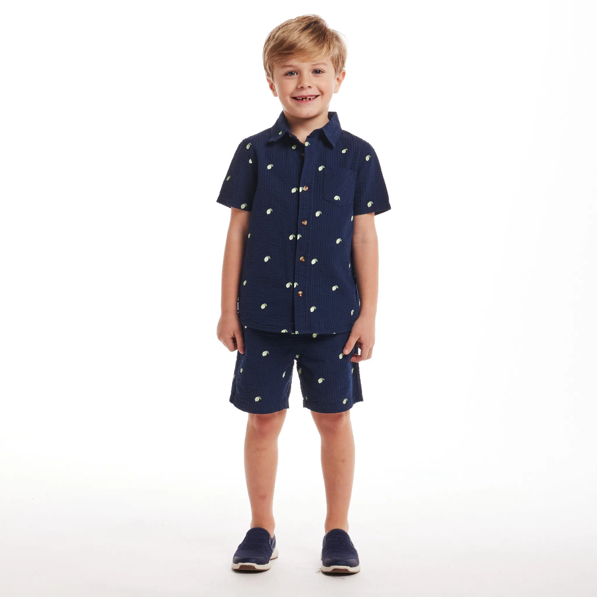 Kids (2-7) Seersucker Buttondown & Short Set | Navy Lime