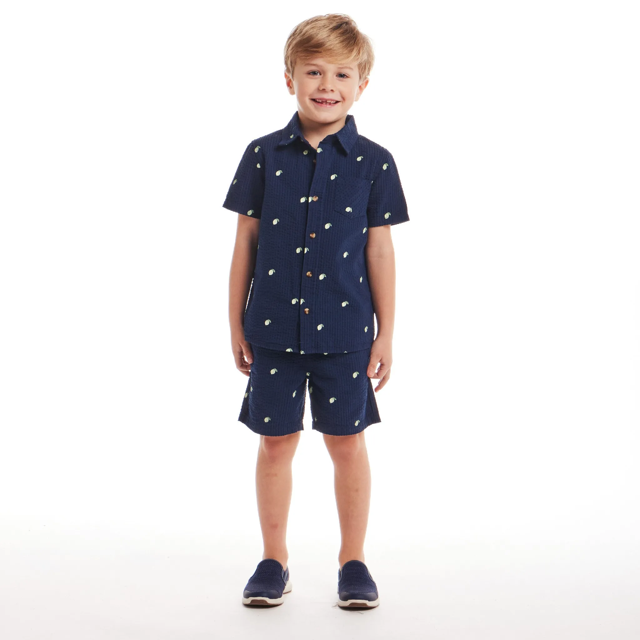 Kids (2-7) Seersucker Buttondown & Short Set | Navy Lime