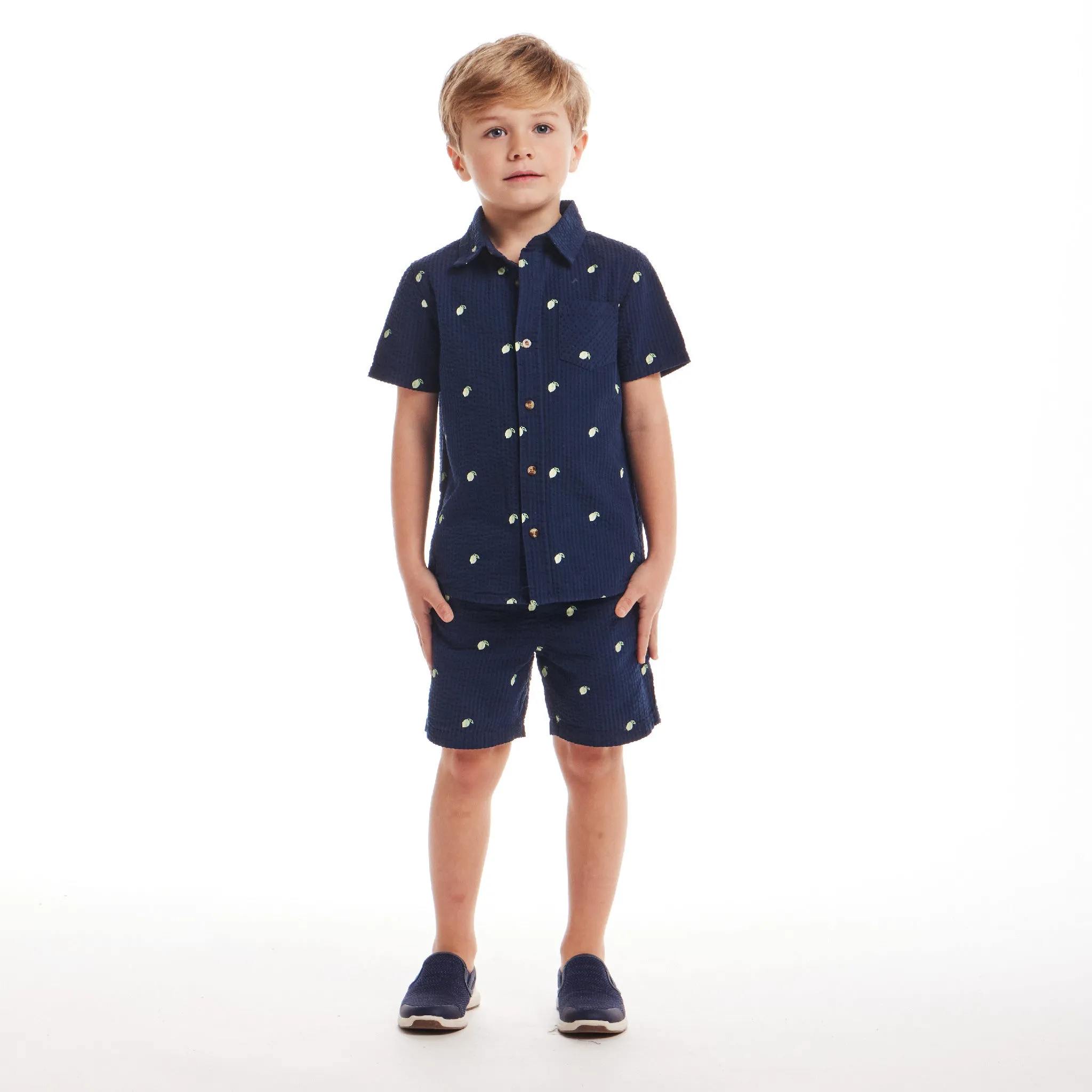 Kids (2-7) Seersucker Buttondown & Short Set | Navy Lime