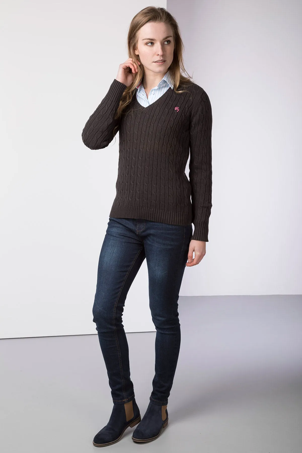 Ladies Cable Knit V Neck Jumper