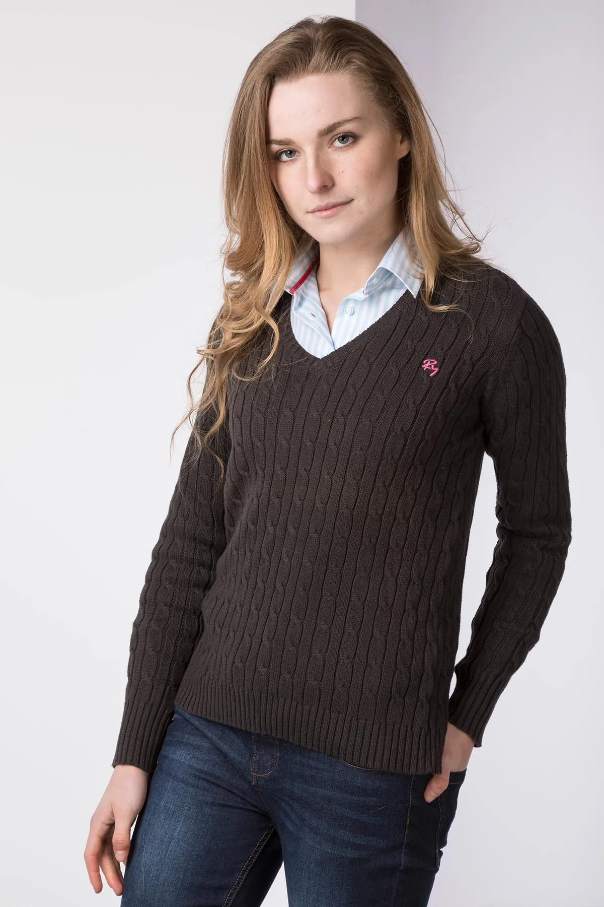 Ladies Cable Knit V Neck Jumper