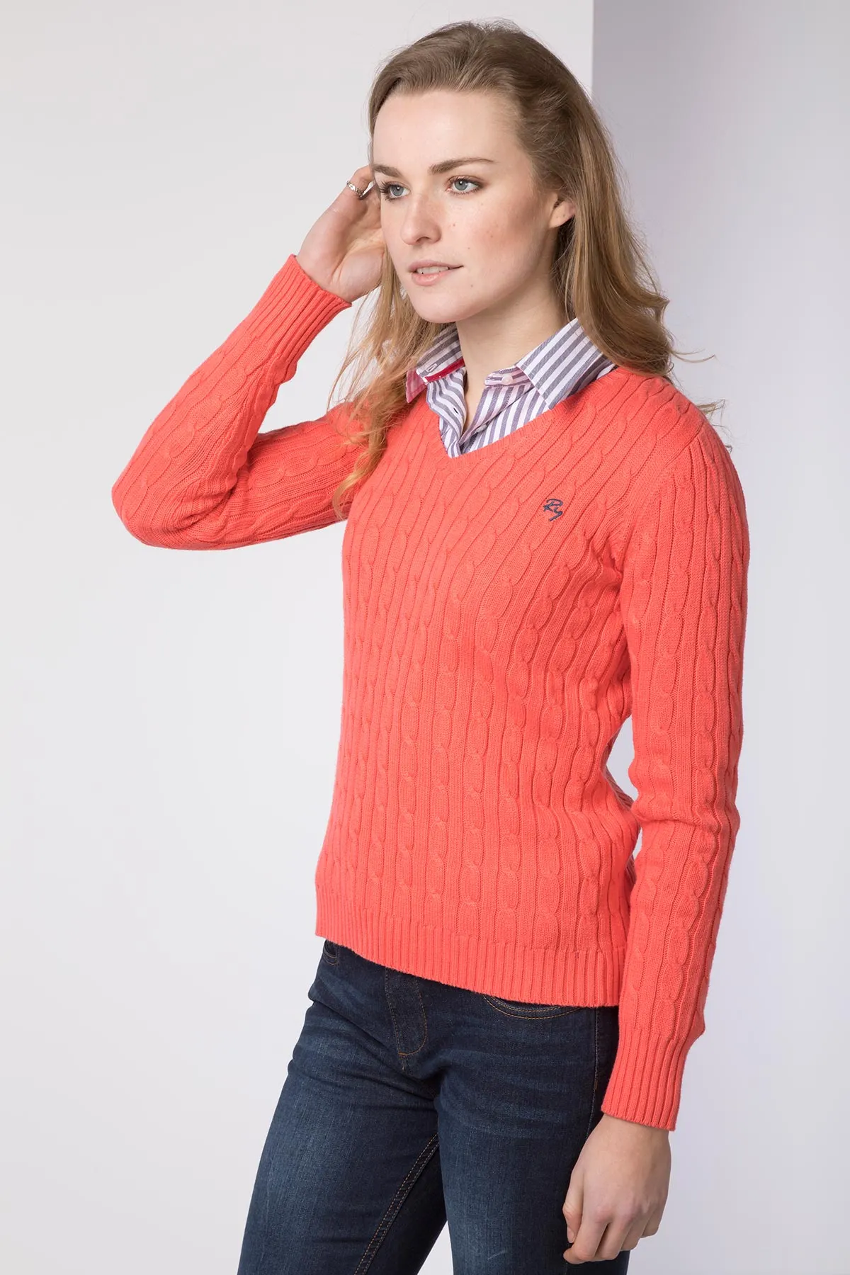 Ladies Cable Knit V Neck Jumper
