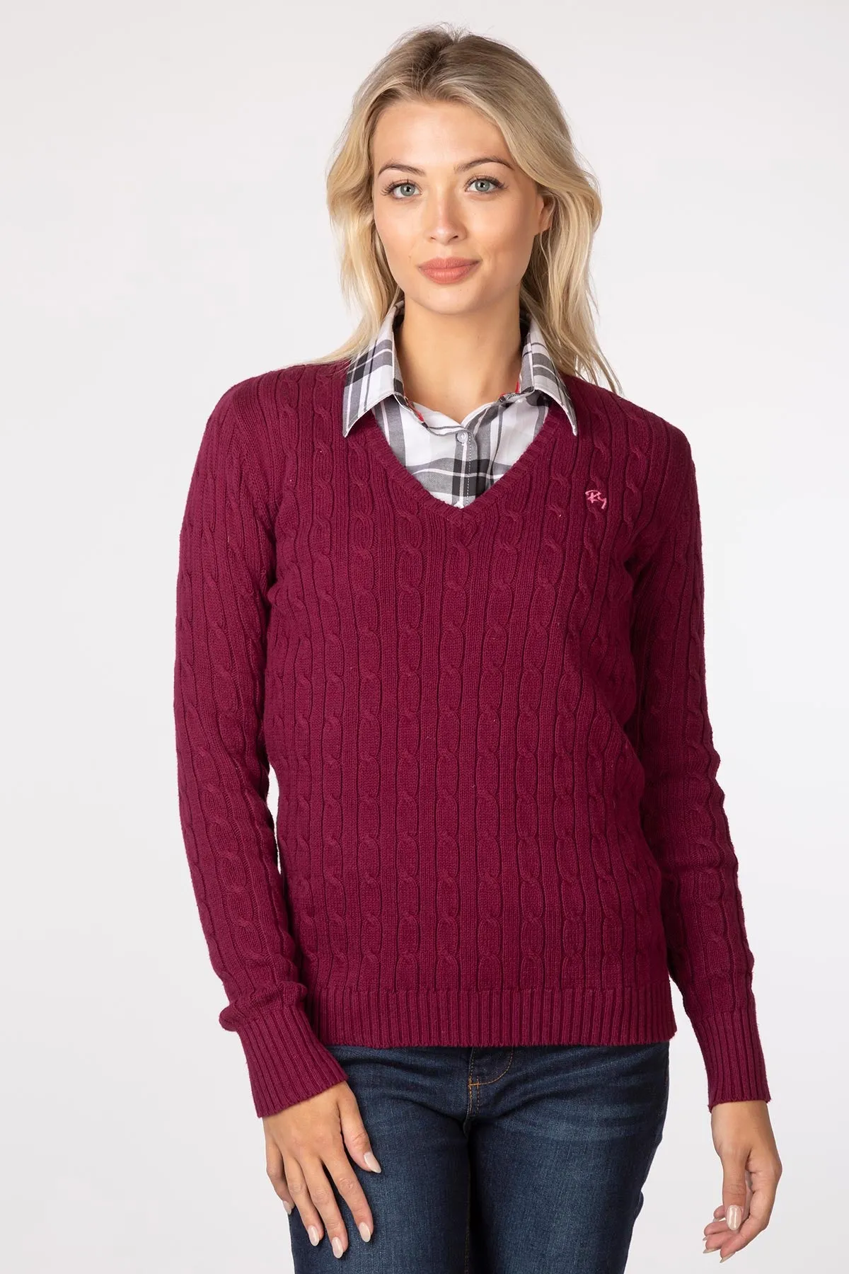 Ladies Cable Knit V Neck Jumper