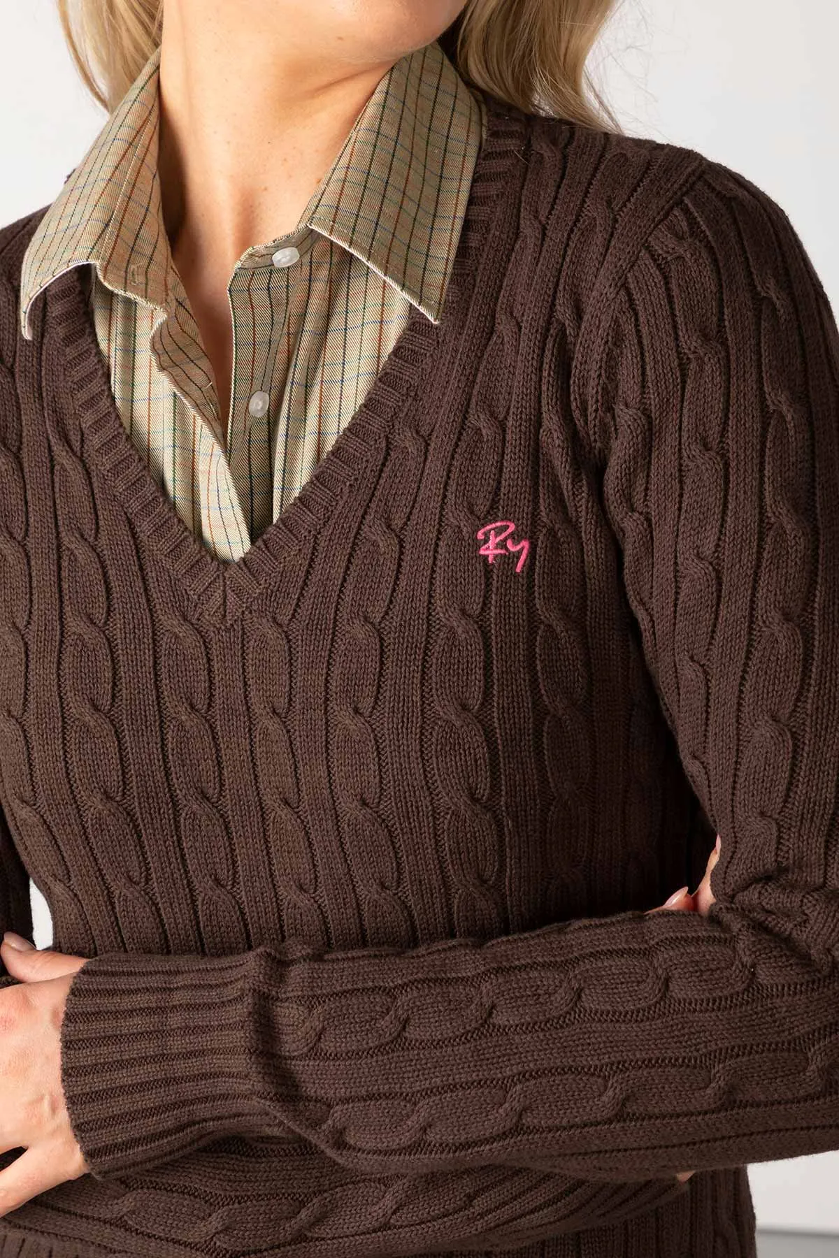 Ladies Cable Knit V Neck Jumper