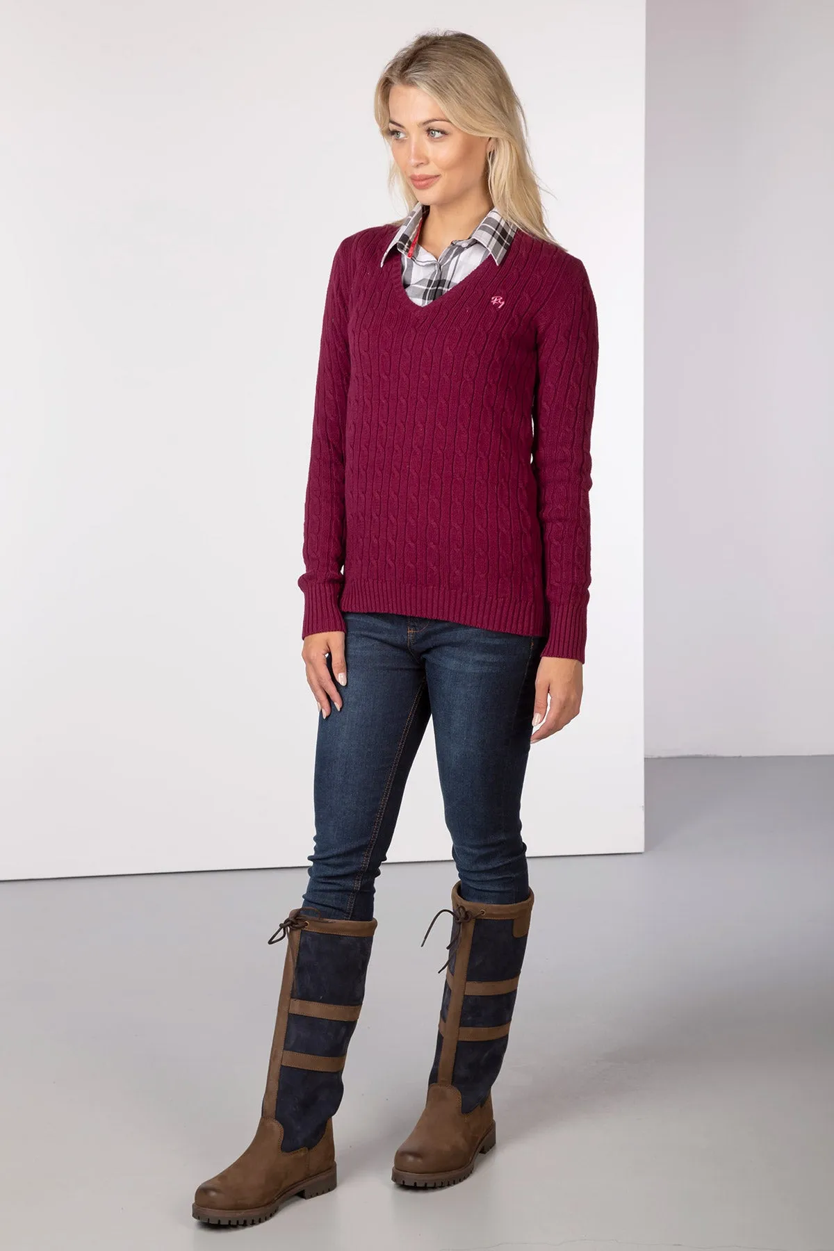 Ladies Cable Knit V Neck Jumper