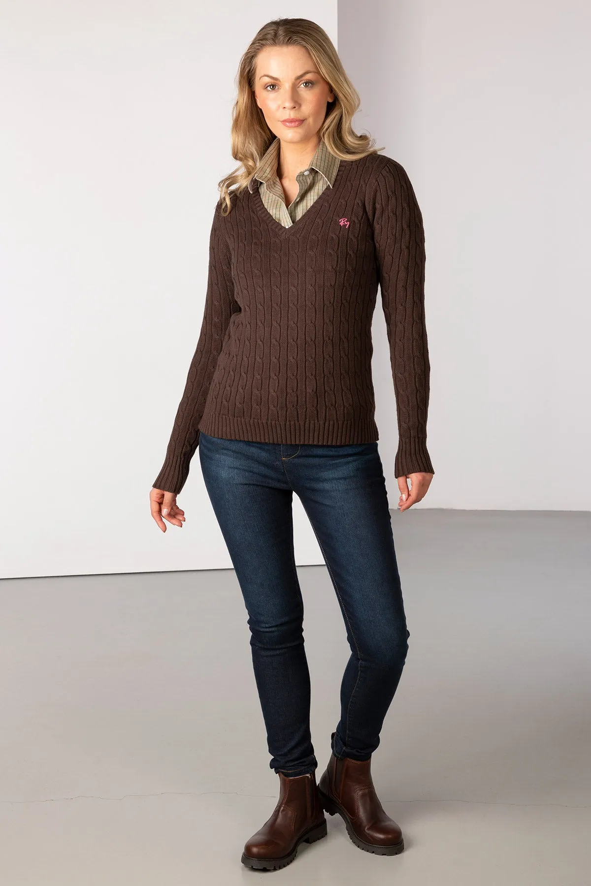 Ladies Cable Knit V Neck Jumper