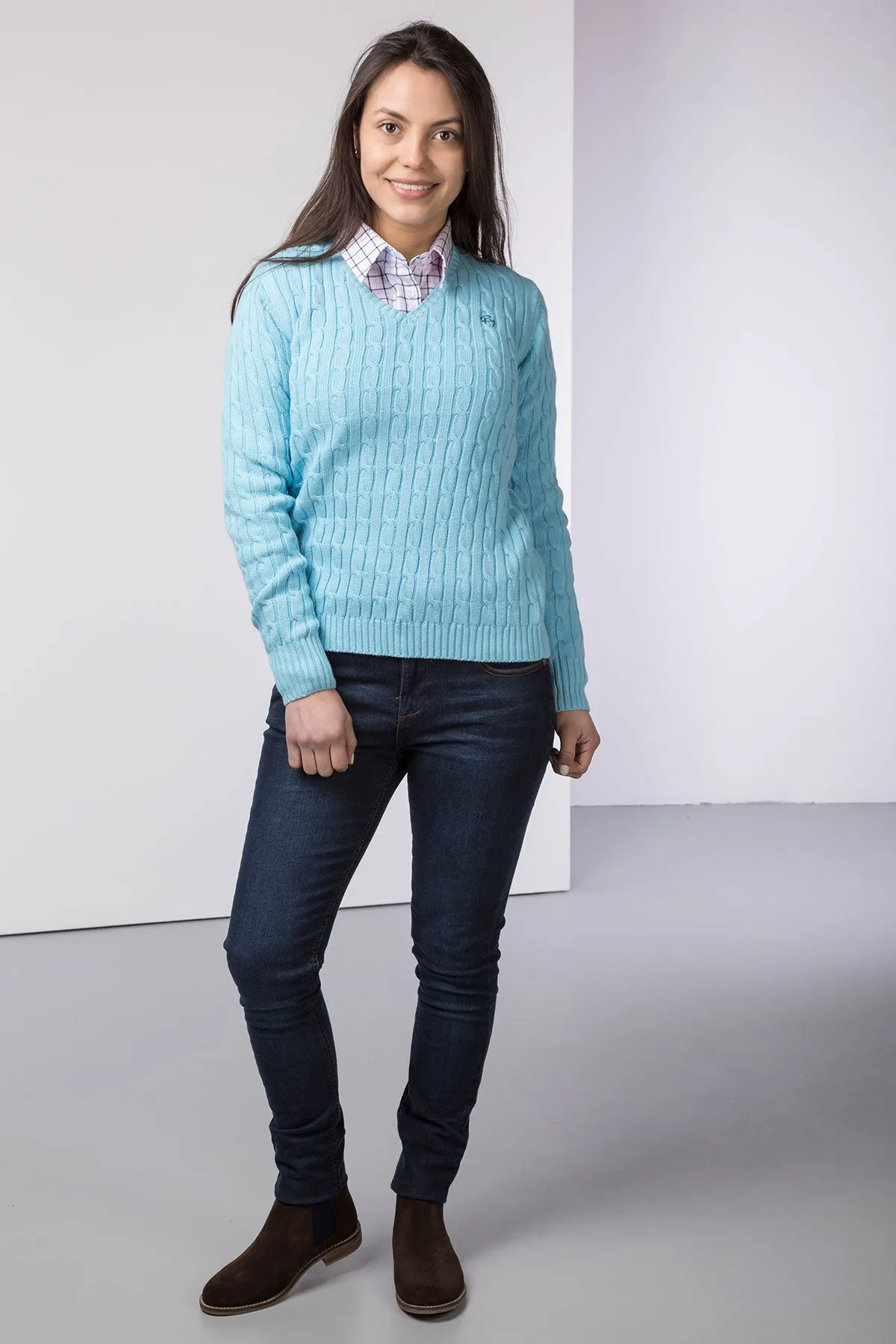 Ladies Cable Knit V Neck Jumper
