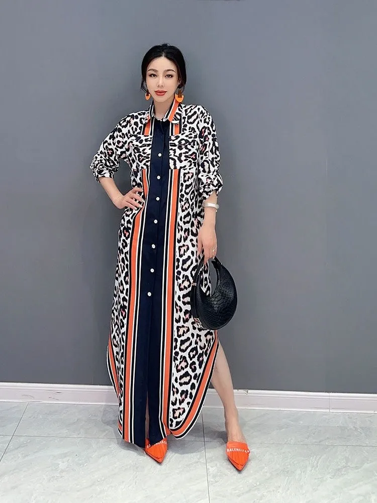 Leopard print dress POLO collar fashionable long dress