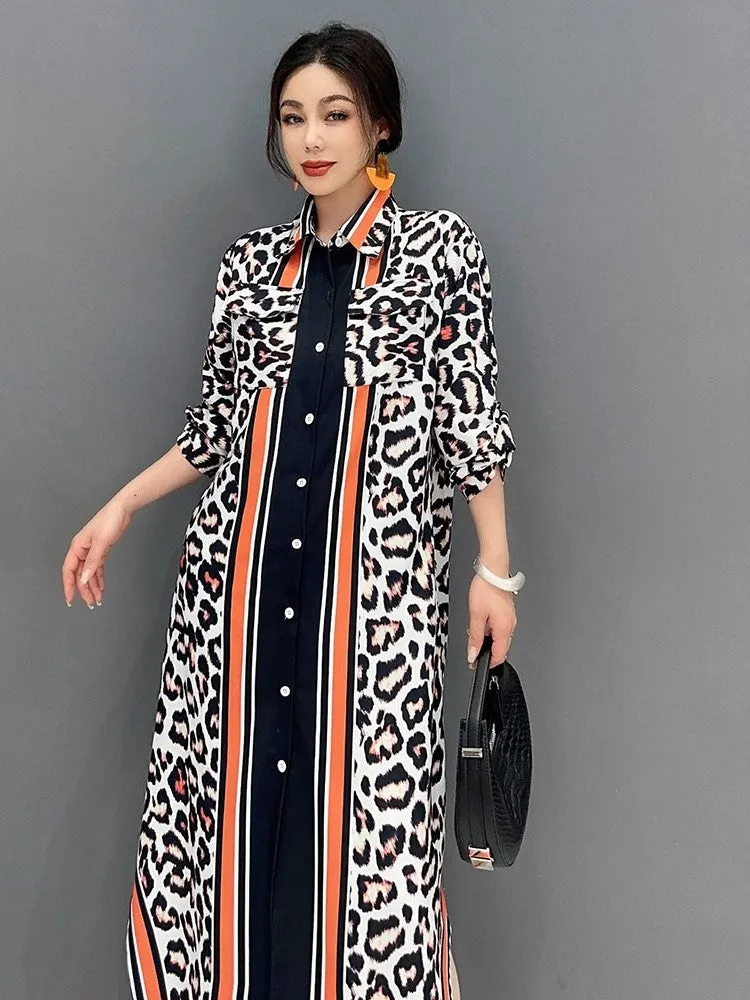 Leopard print dress POLO collar fashionable long dress