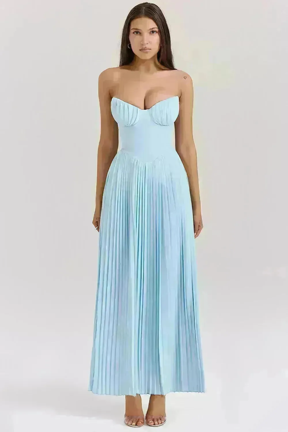 Luxury Blue Strapless Slimming Pleated Long Dress Elegant Tube Dress for Wedding Cocktail Evening Party Events.