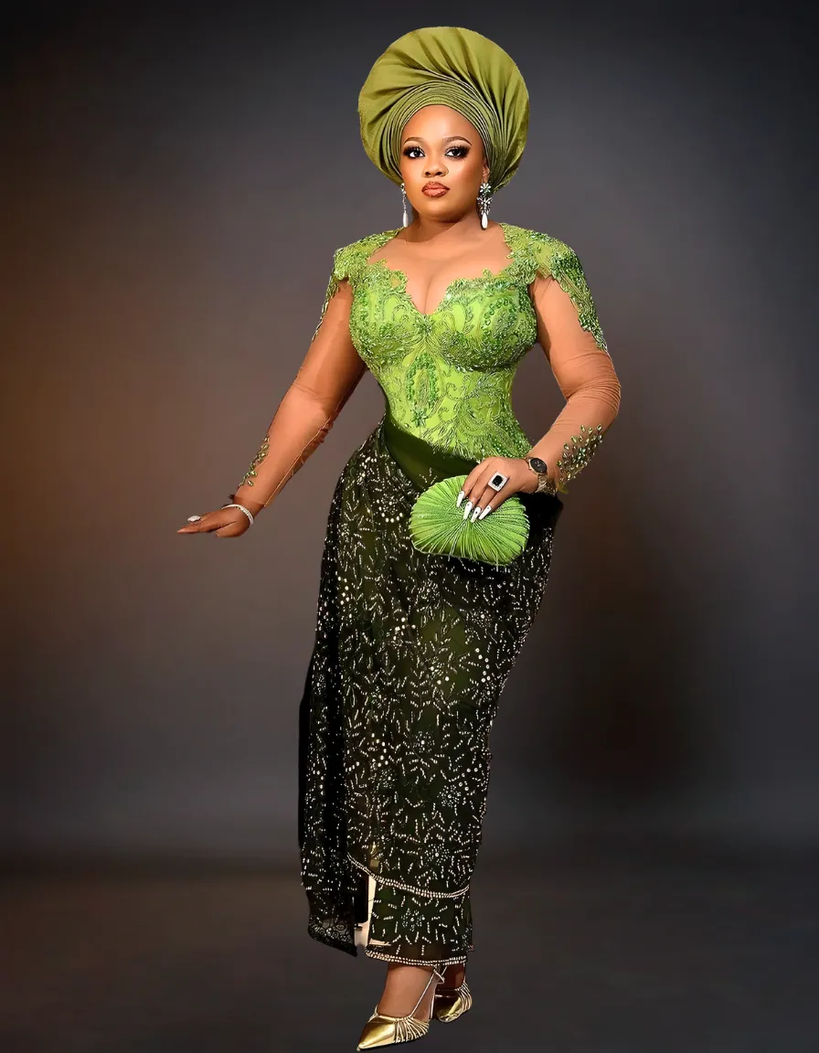 Luxury Traditional Wedding Dress| Green Aso Ebi