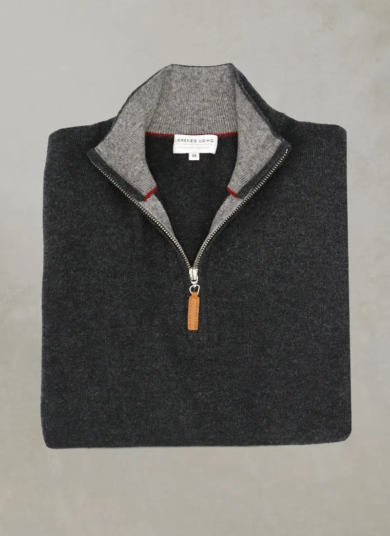Men's Madison Quarter Zip Cashmere Sweater in Heather Dark Grey
