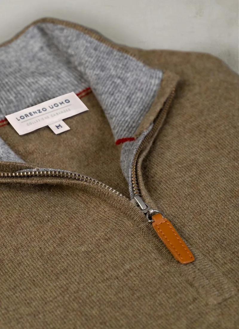 Men's Madison Quarter Zip Cashmere Sweater in Light Olive