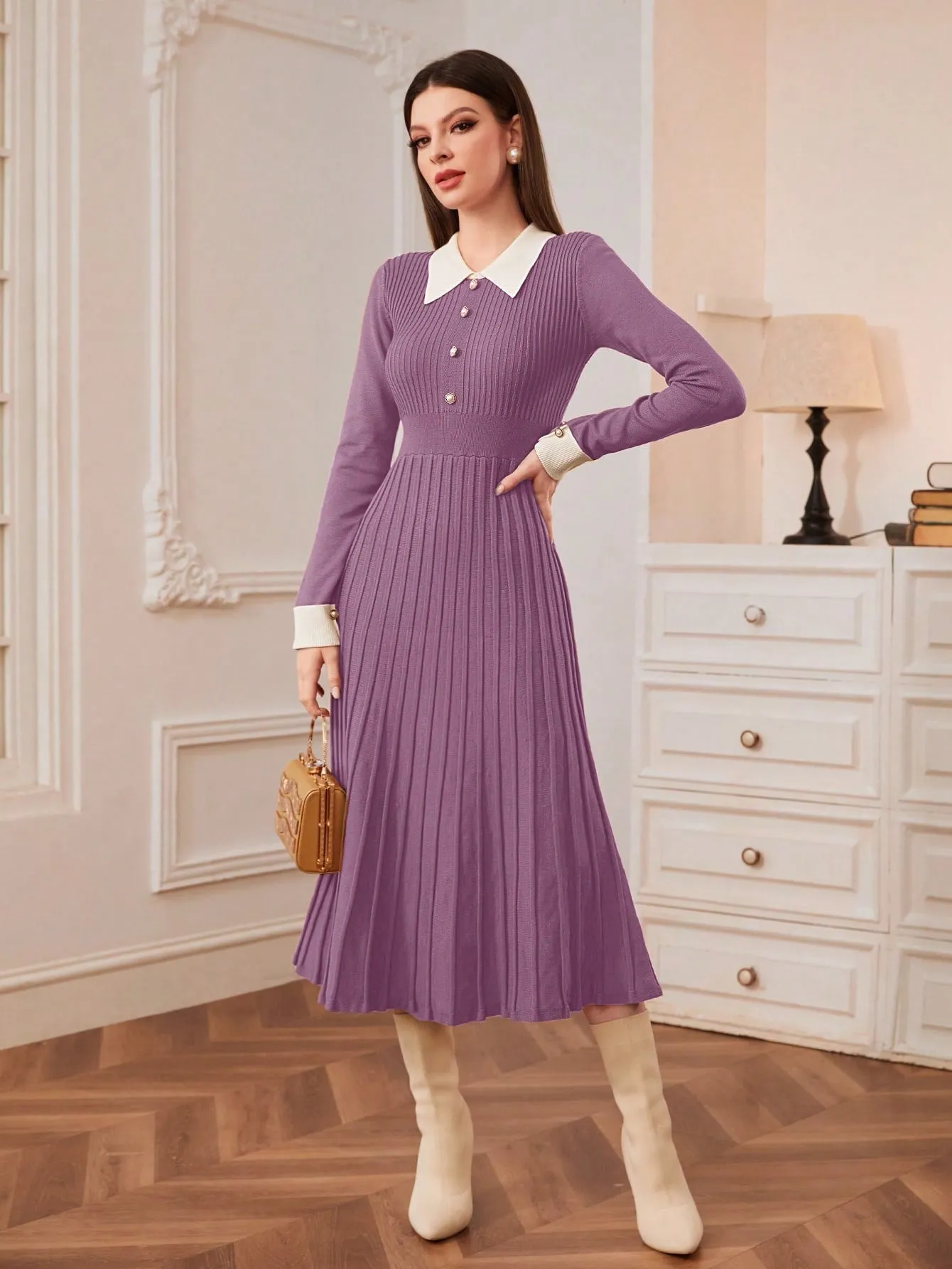 Modely Contrast Collar Pleated Sweater Dress