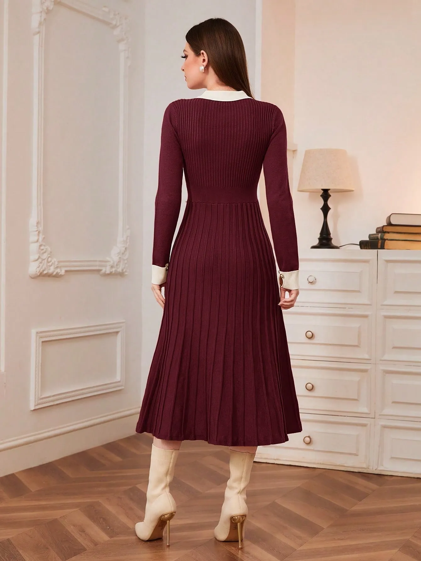 Modely Contrast Collar Pleated Sweater Dress
