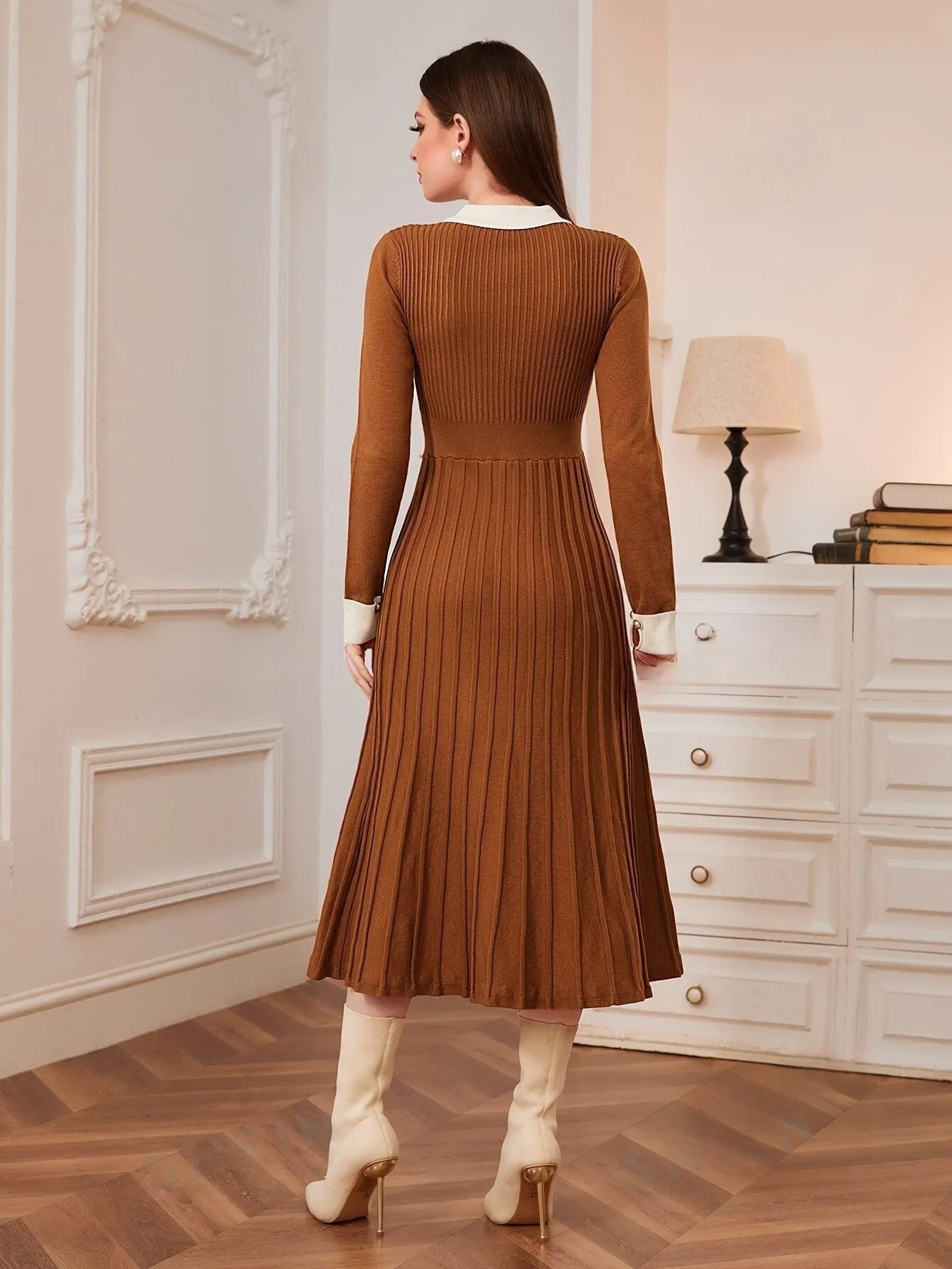 Modely Contrast Collar Pleated Sweater Dress