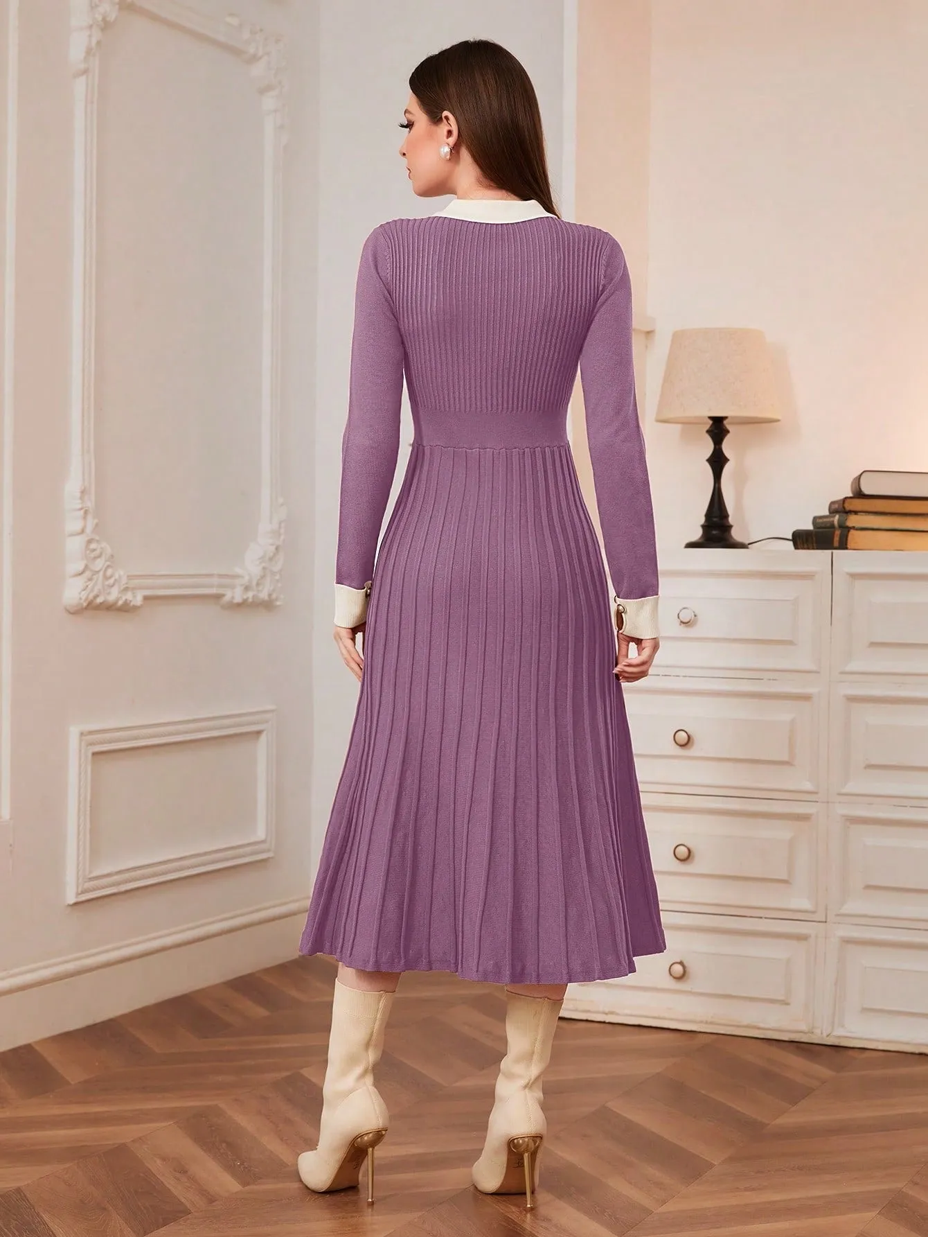 Modely Contrast Collar Pleated Sweater Dress