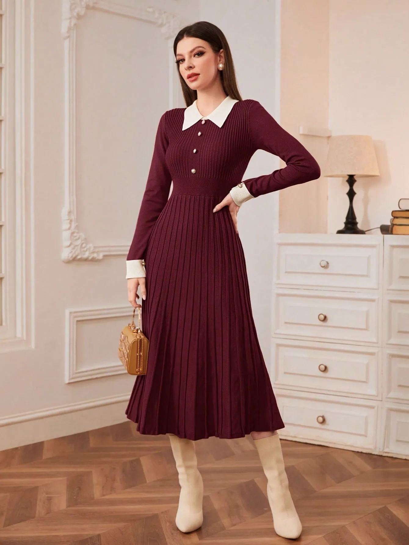 Modely Contrast Collar Pleated Sweater Dress